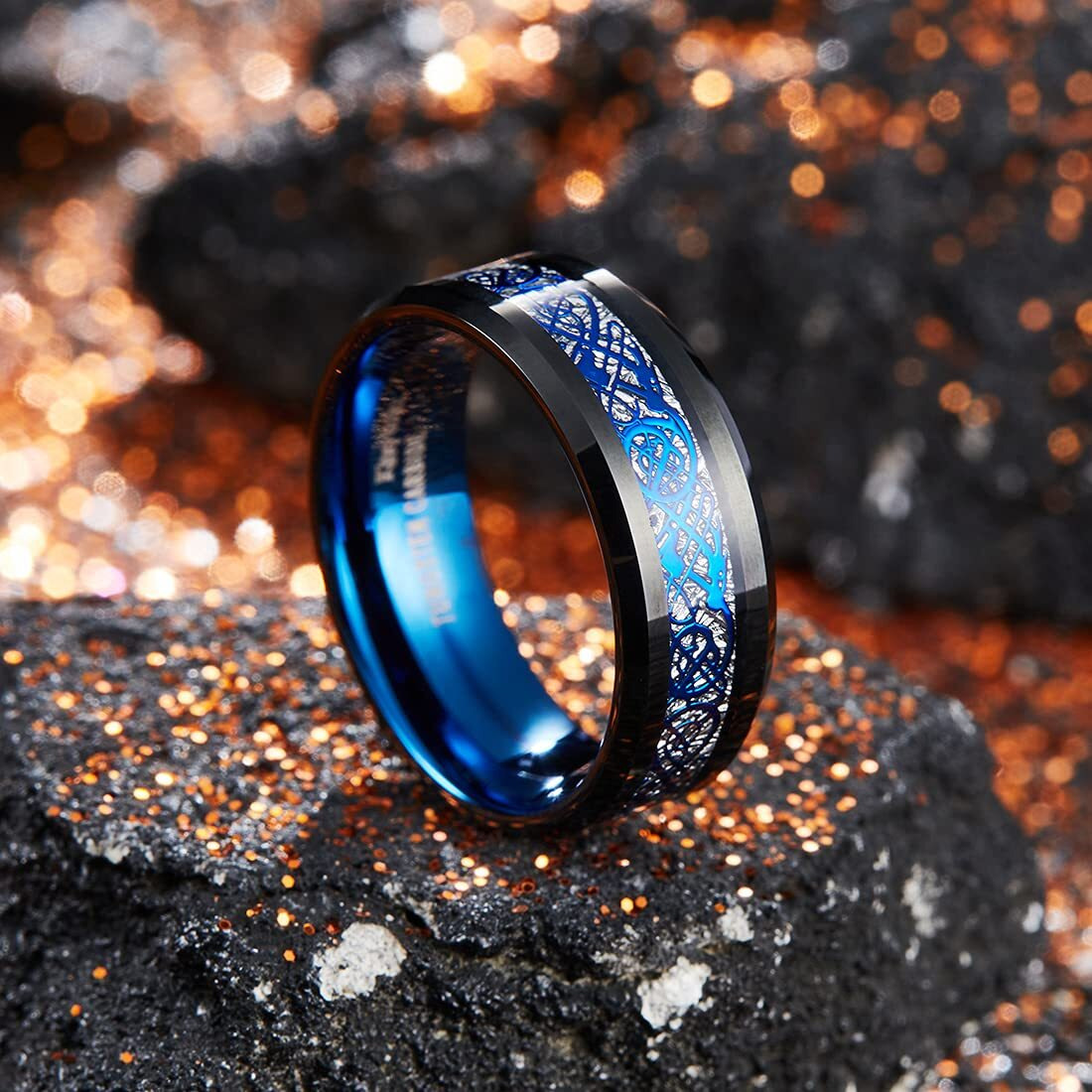 King Will Dragon Mens Black Tungsten Carbide Ring 8Mm Blue Celtic Dragon Wedding Band Comfort Fit High Polished(13)