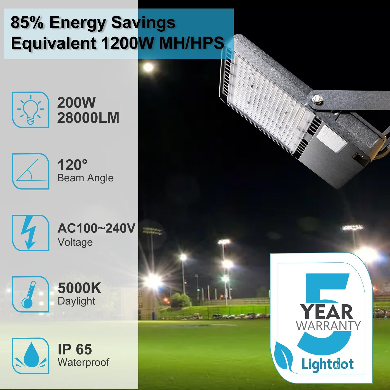 200W Led Flood Light Outdoor 30000Lm (800W Equivalent) Led Stadium Light With Dusk To Dawn  5000K Ac100-277V Commercial Flood Light With 5Ft Plug  Ip65 Waterproof Area Lighting For Stadium-2Pack