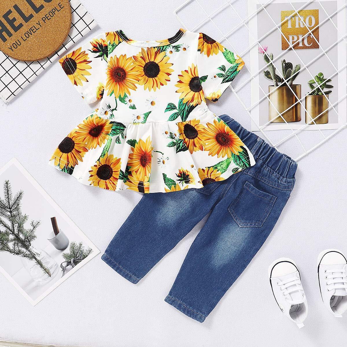 Caretoo Girls Clothes Outfits  Cute Baby Girl Floral Short Sleeve Pant Set Flower Ruffle Top