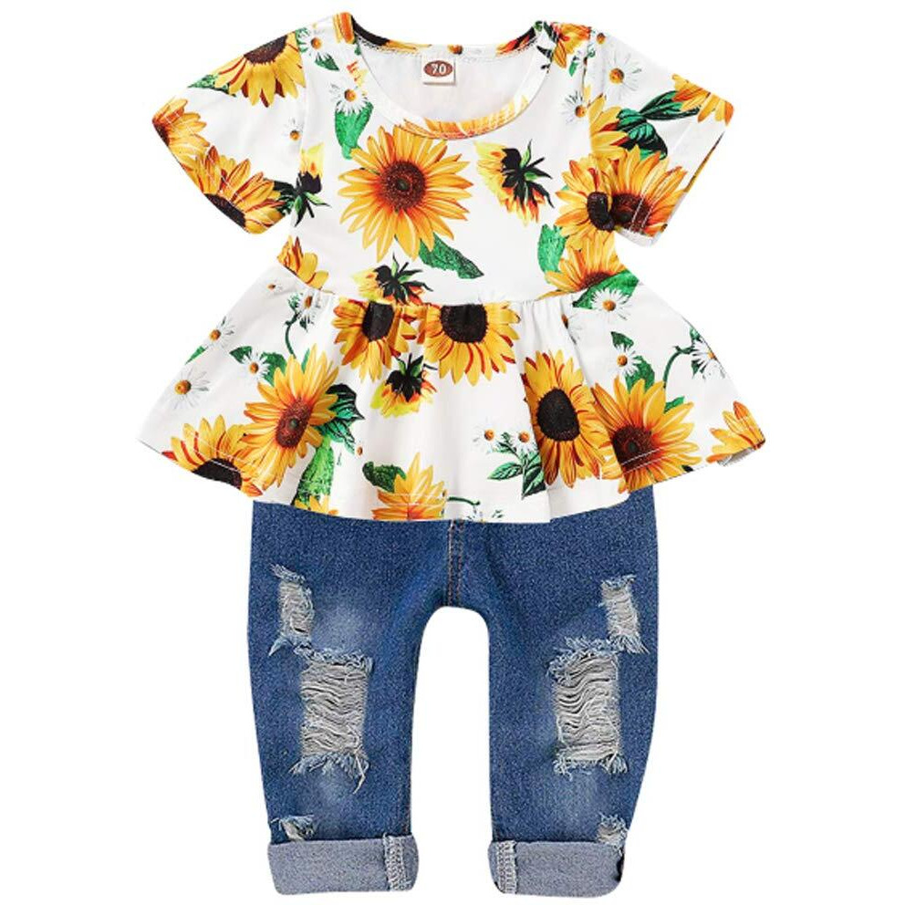 Caretoo Girls Clothes Outfits  Cute Baby Girl Floral Short Sleeve Pant Set Flower Ruffle Top