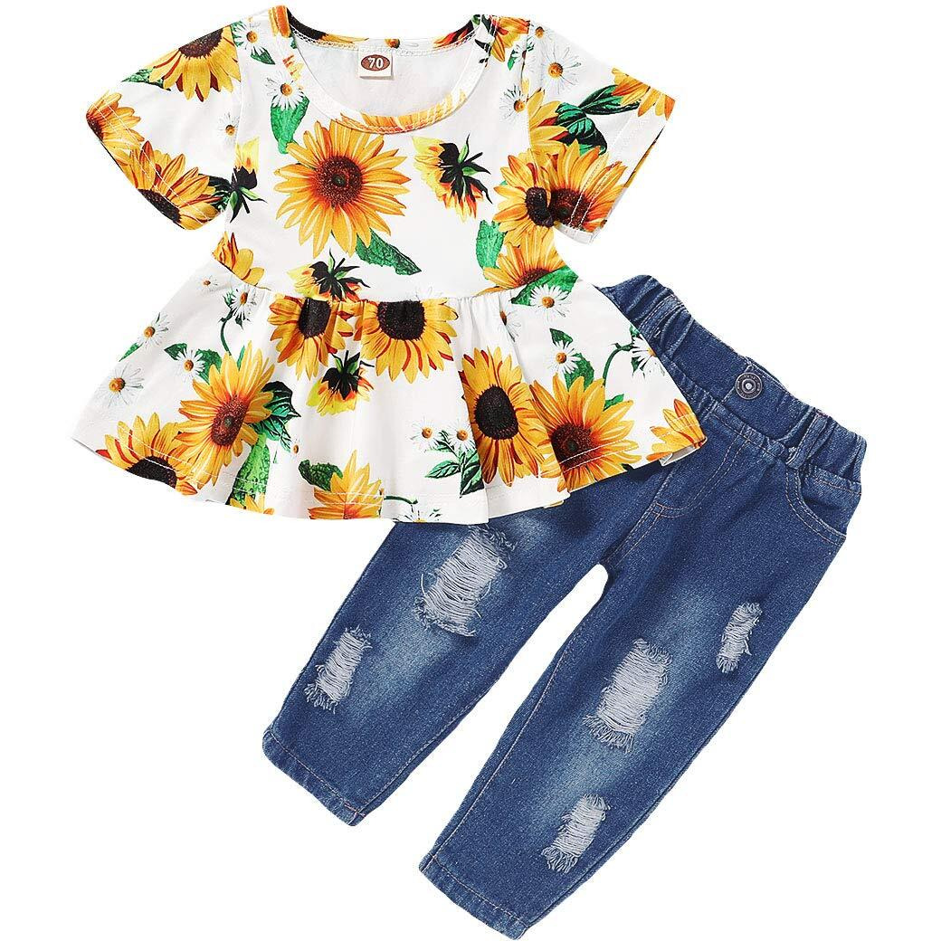 Caretoo Girls Clothes Outfits  Cute Baby Girl Floral Short Sleeve Pant Set Flower Ruffle Top