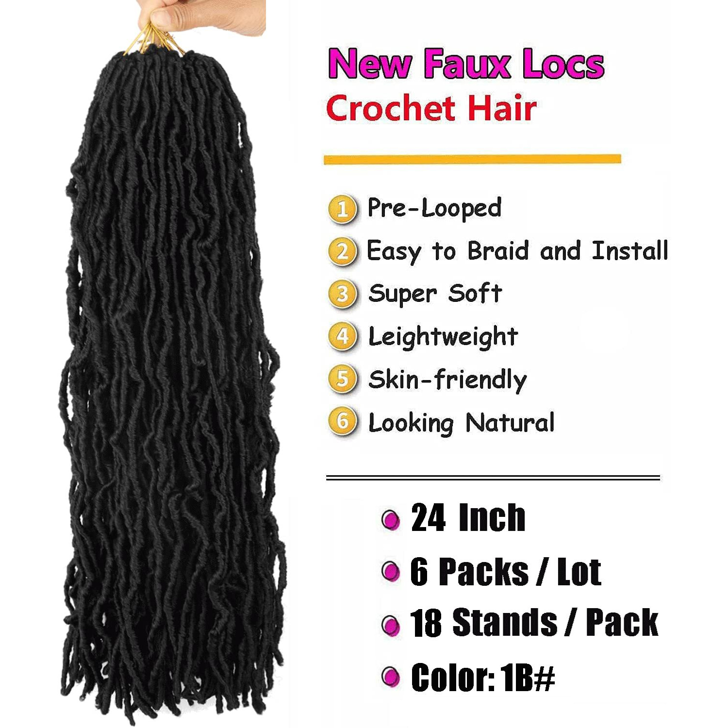 24 Inch Soft Locs Crochet Hair Pre Looped 6 Packs Faux Locs Crochet Braids Goddess Locs Dreadlocs Synthetic Hair For Black Women (1B  24 Inch (Pack Of 6))