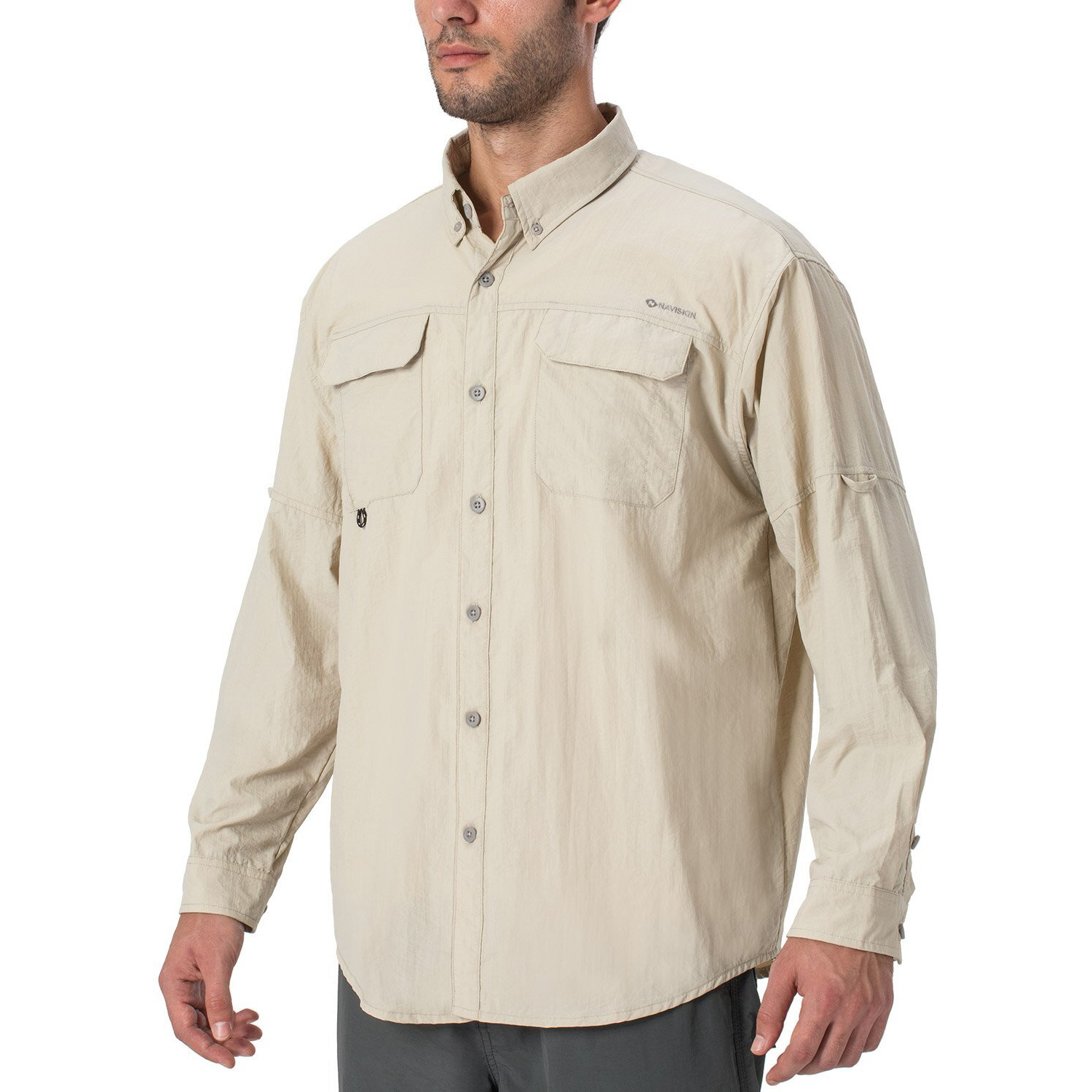 Naviskin Men's Sun Protection Fishing Shirts Upf 50+ Long Sleeve Sun Shirts For Men Pfg Hiking Travel Shirts Khaki Size M