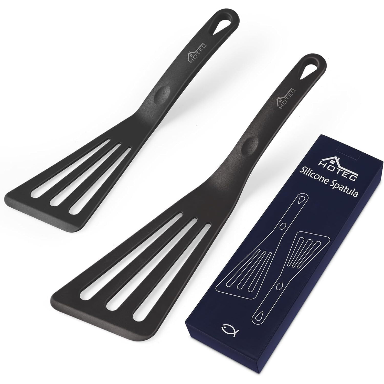 Hotec Heat Resistant Silicone Slotted Fish Turner Spatula Set  Flipper Cooking Spatulas  For Non Stick Cookware Dishwasher Safe  Black