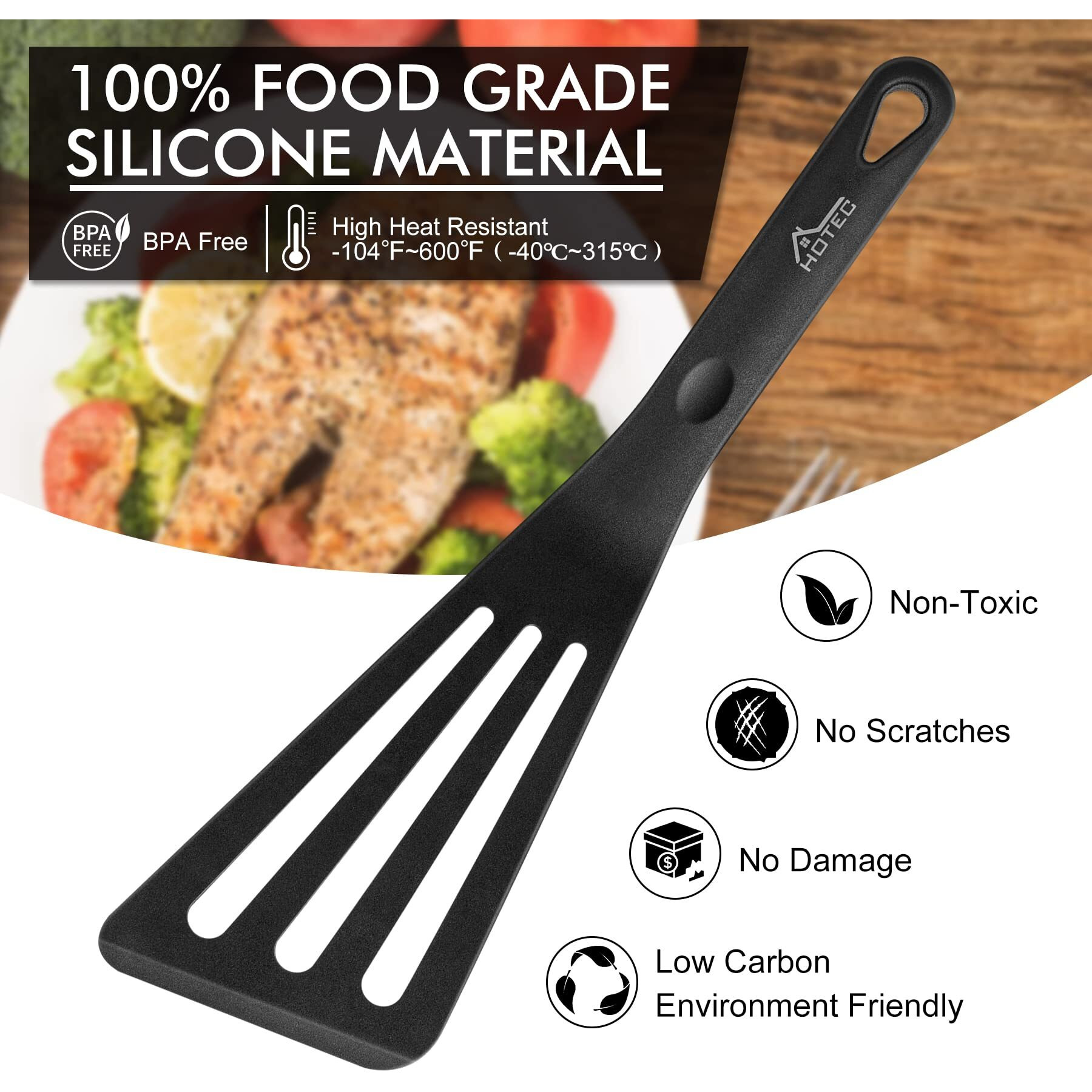 Hotec Heat Resistant Silicone Slotted Fish Turner Spatula Set  Flipper Cooking Spatulas  For Non Stick Cookware Dishwasher Safe  Black