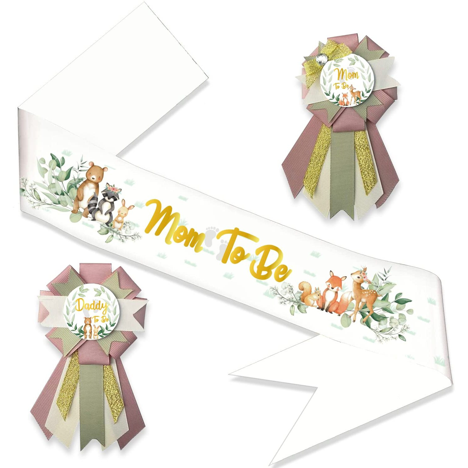 Lxlucktim Woodland Baby Shower Sash For Baby Shower  Mom To Be Sashwoodland Animal Neutral Mom To Be & Daddy To Be Corsage Include Gold Glitter Letters Sash