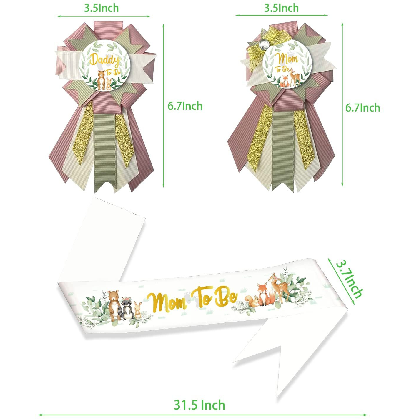 Lxlucktim Woodland Baby Shower Sash For Baby Shower  Mom To Be Sashwoodland Animal Neutral Mom To Be & Daddy To Be Corsage Include Gold Glitter Letters Sash