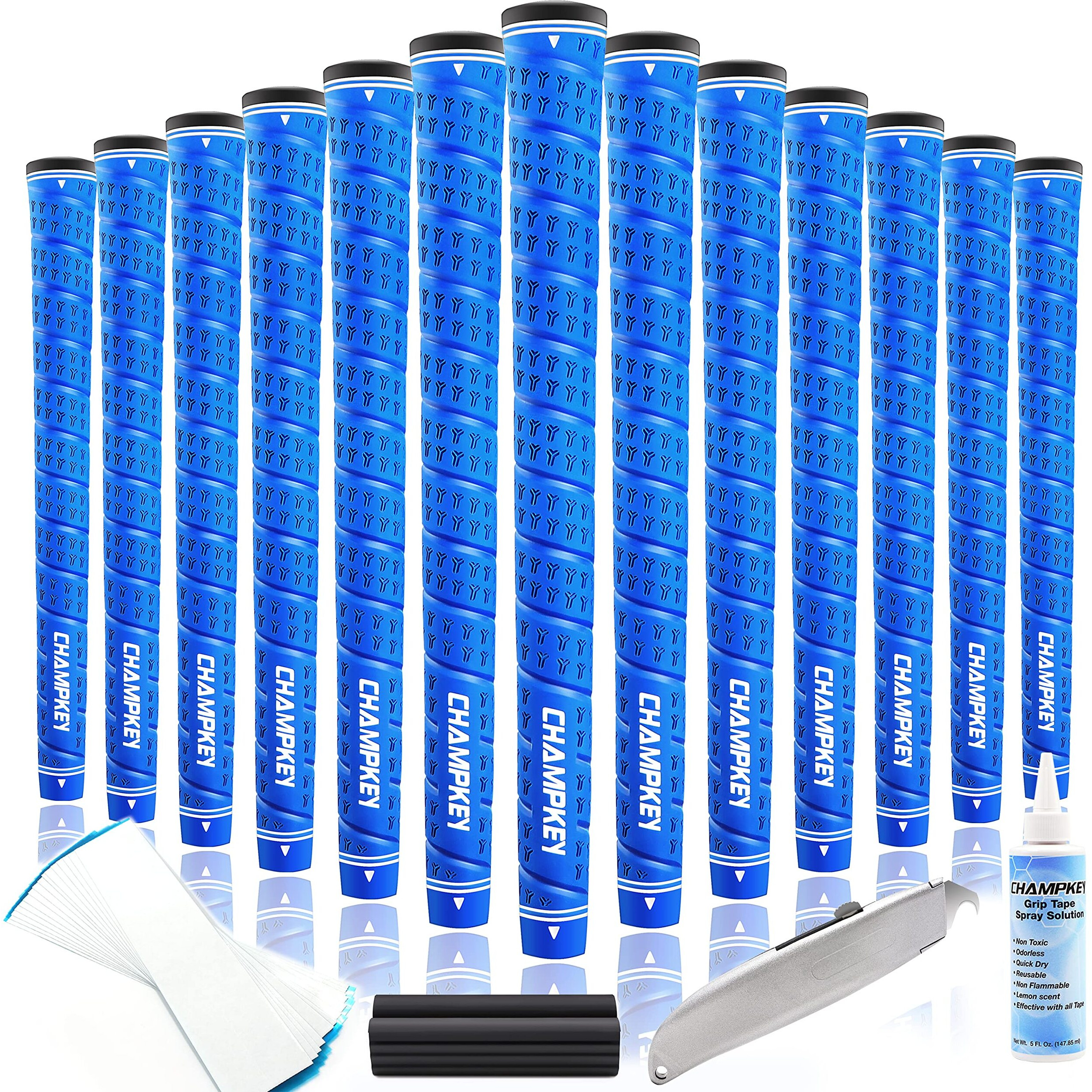 Champkey Wrap-Y Rubber Golf Grips 13 Pack Come With All Repair Kits - High Feedback And Traction Golf Club Grips(Standard  Blue)