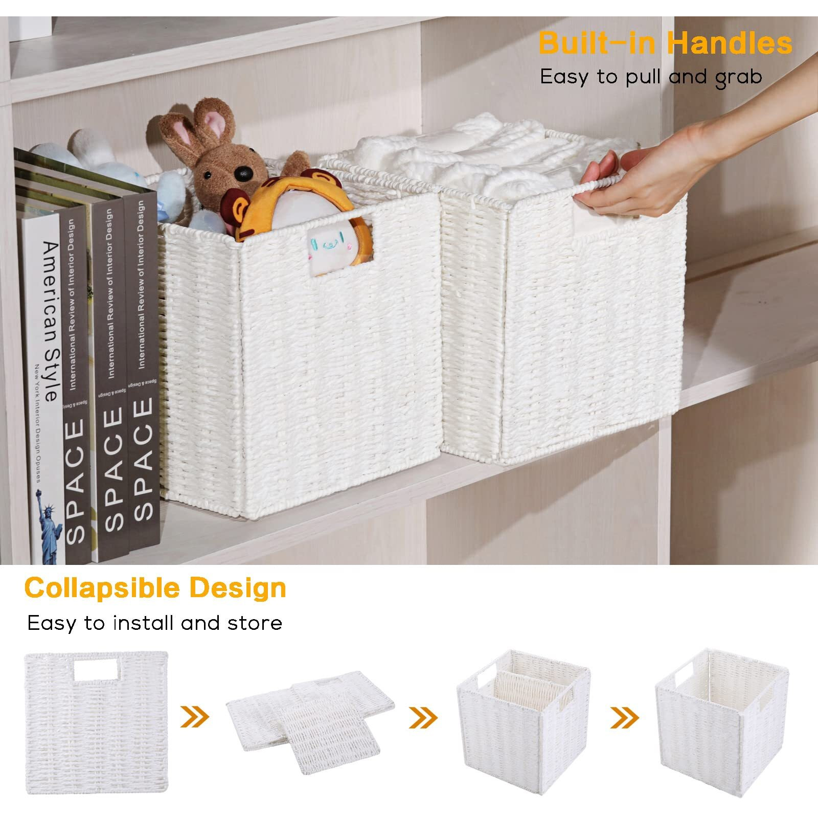 Vagusicc Wicker Storage Baskets  Set Of 2 Hand-Woven Paper Rope Storage Baskets  White Foldable Cube Storage Bins Organizer 9 X 9 Inch Square Wicker Storage Baskets For Shelves Pantry Organizing Decor