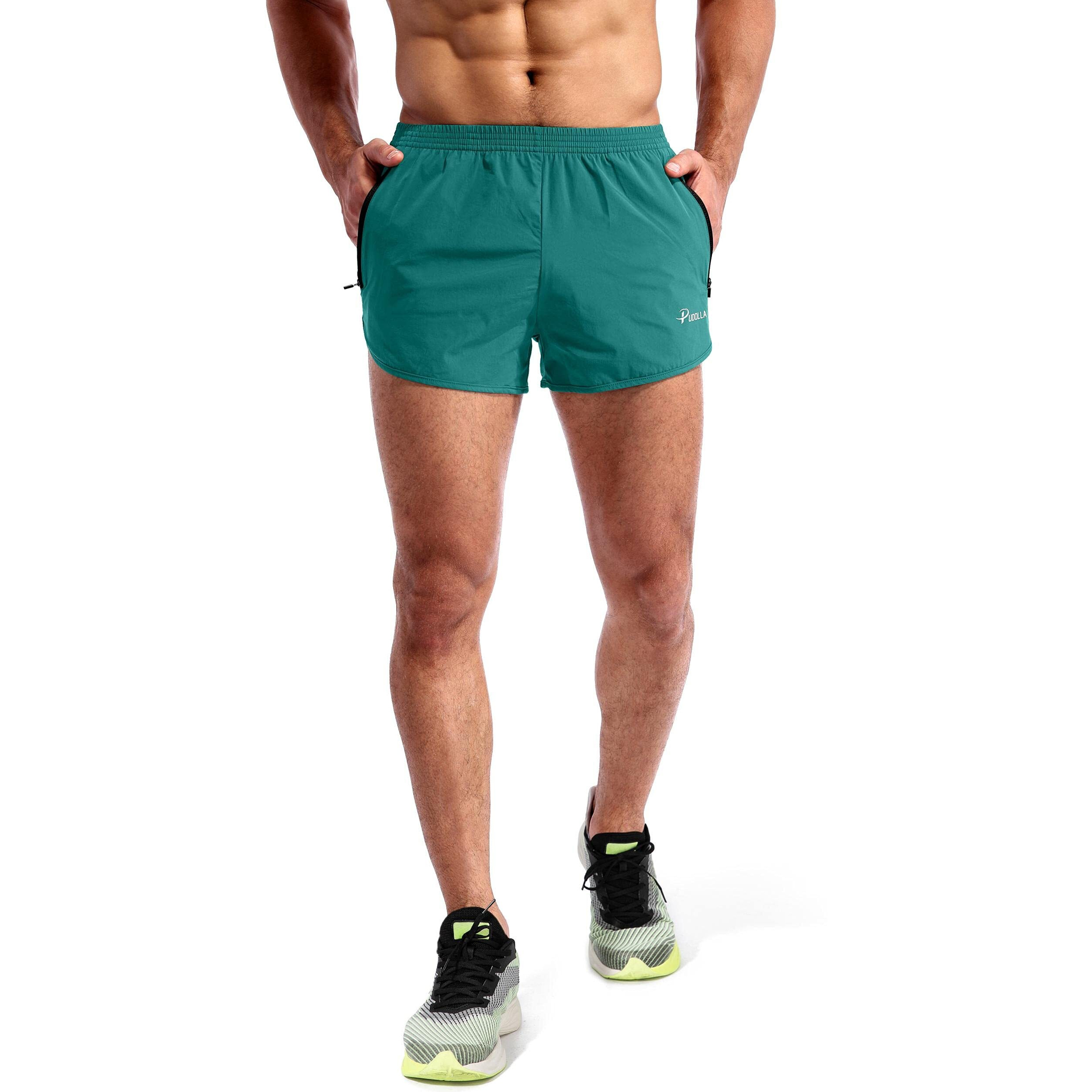 Pudolla Mens Running Shorts 3 Inch Quick Dry Gym Athletic Workout Shorts For Men With Zipper Pockets(Forest Green Medium)