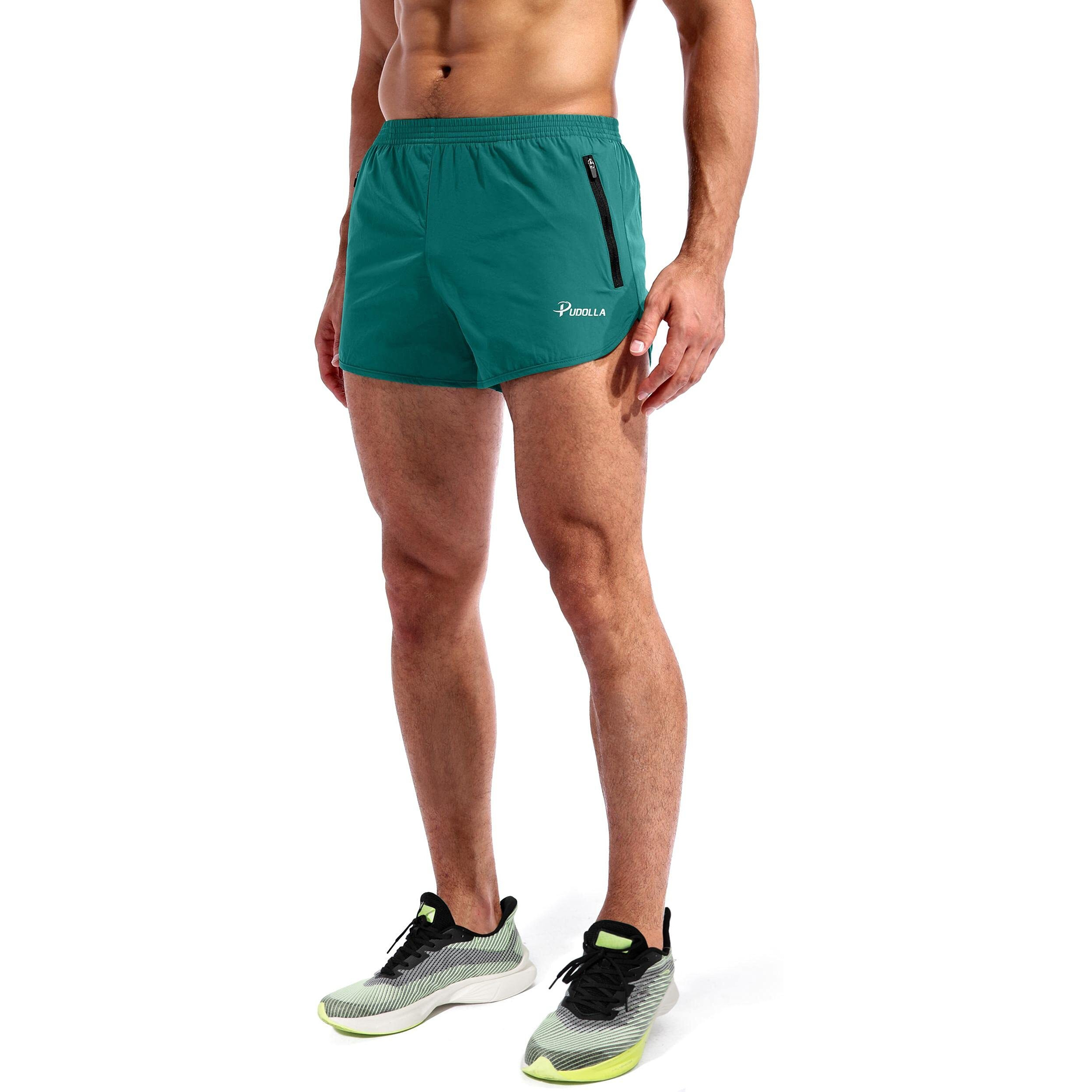 Pudolla Mens Running Shorts 3 Inch Quick Dry Gym Athletic Workout Shorts For Men With Zipper Pockets(Forest Green Medium)