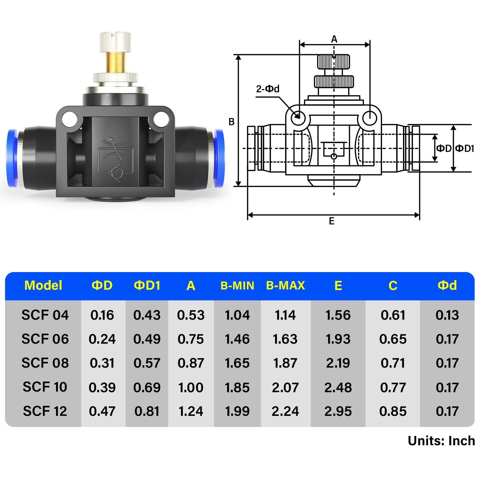 Tailonz Pneumatic Air Flow Control Valve With Push-To-Connect Fitting  In-Line Speed Controller Union Straight - 6Mm Tube Od X 6Mm Tube Od Scf-6 (Pack Of 5)