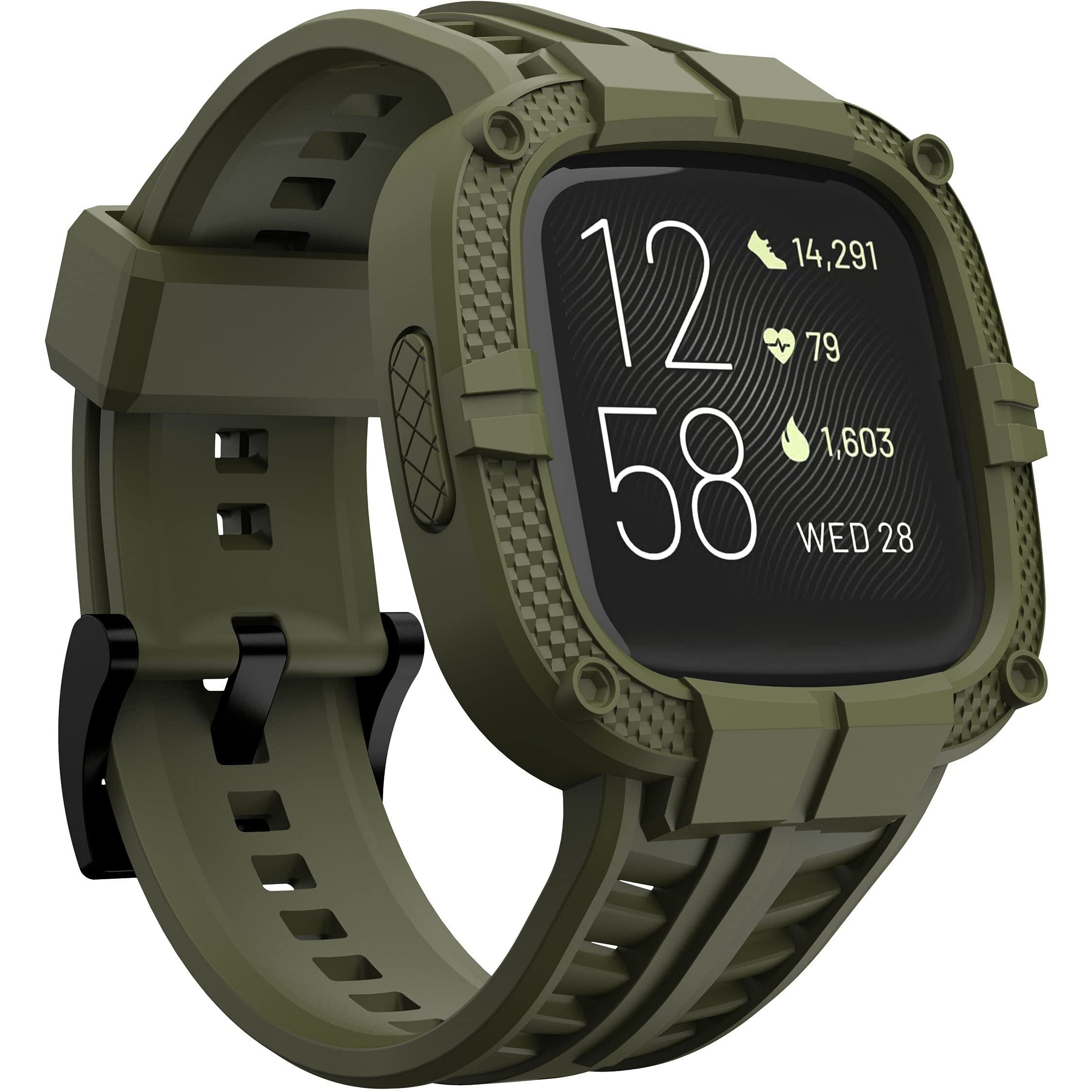 Gelishi Compatible For Fitbit Versa 2 Bands With Case  Men Protective Case Band Rugged Sport Wristbands Strap For Fitbit Versa 2 Smartwatch - Army Green