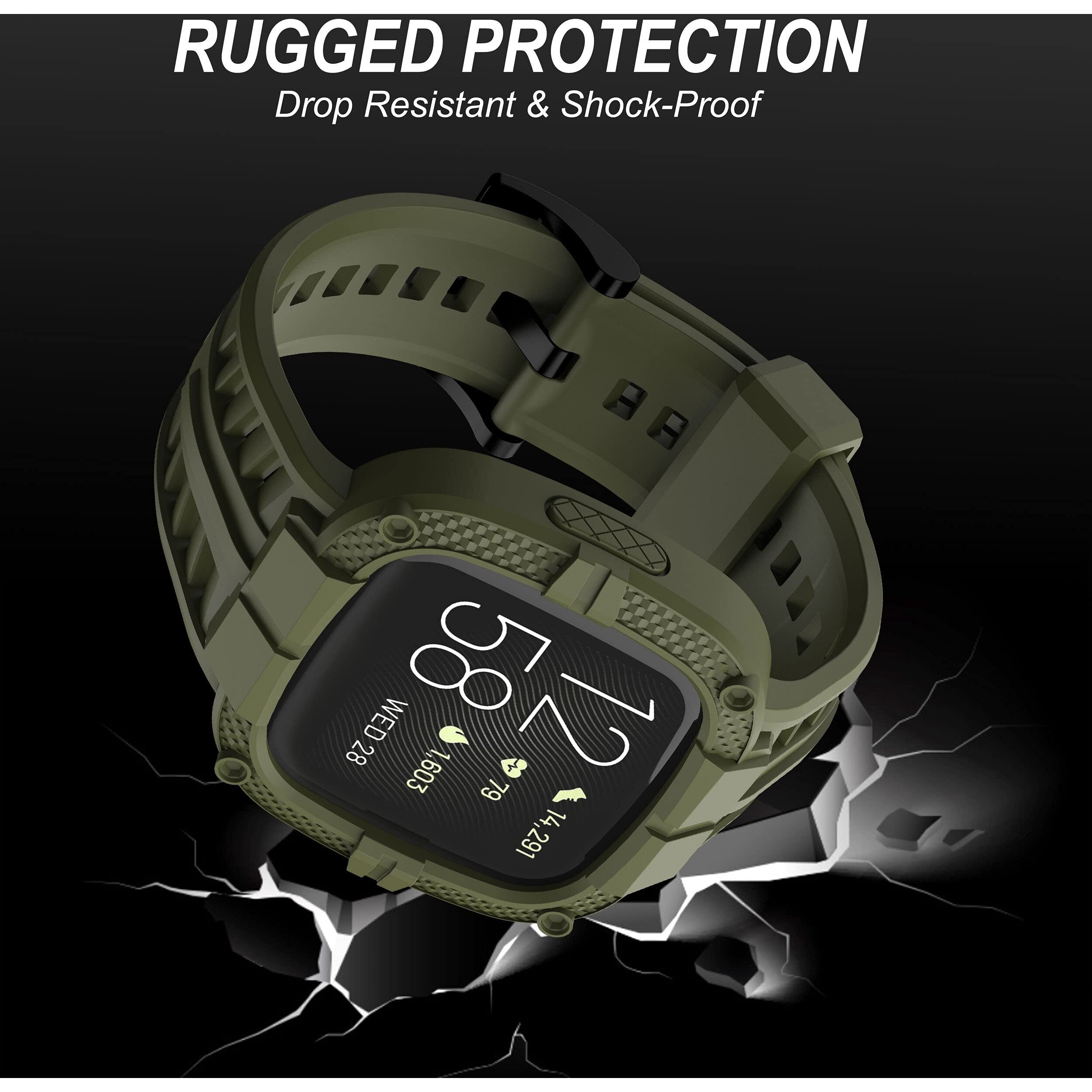 Gelishi Compatible For Fitbit Versa 2 Bands With Case  Men Protective Case Band Rugged Sport Wristbands Strap For Fitbit Versa 2 Smartwatch - Army Green