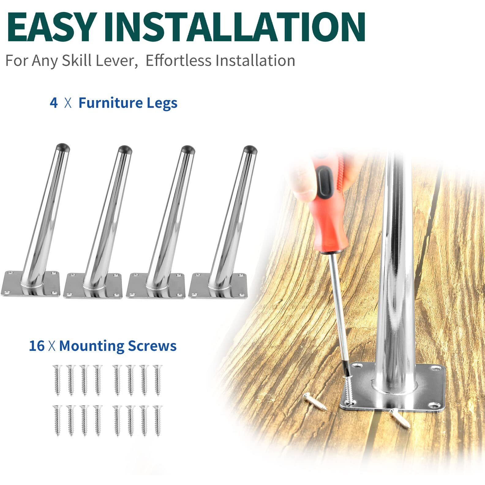 Seimneire 4Pcs 8 Inch Furniture Legs  Oblique Conical Metal Legs Chrome Mid-Century Style Furniture Feet For Sofa Cabinet Table Chair Cupboard Couch Ottoman Home Diy Projects