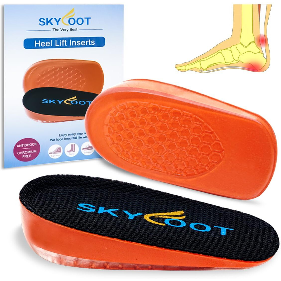 Skyfoot Orthopedic Heel Lift Inserts  Shock Absorption And Cushioning Height Increase Insoles For Achilles Tendonitis Relief  Heel Spurs  Heel Pain And Plantar Fasciitis (Large - 4/5 "" Thick)