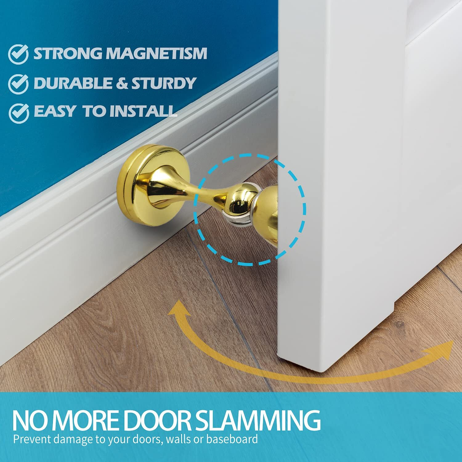 Neoera Magnetic Door Stop(Polished Brass/Gold Color) Door Stopper Strong Magnetic Door Catch For Hold Door Open  Anti-Rust  Heavy Duty For Various Door Types  Wall & Floor Mount 2Pack