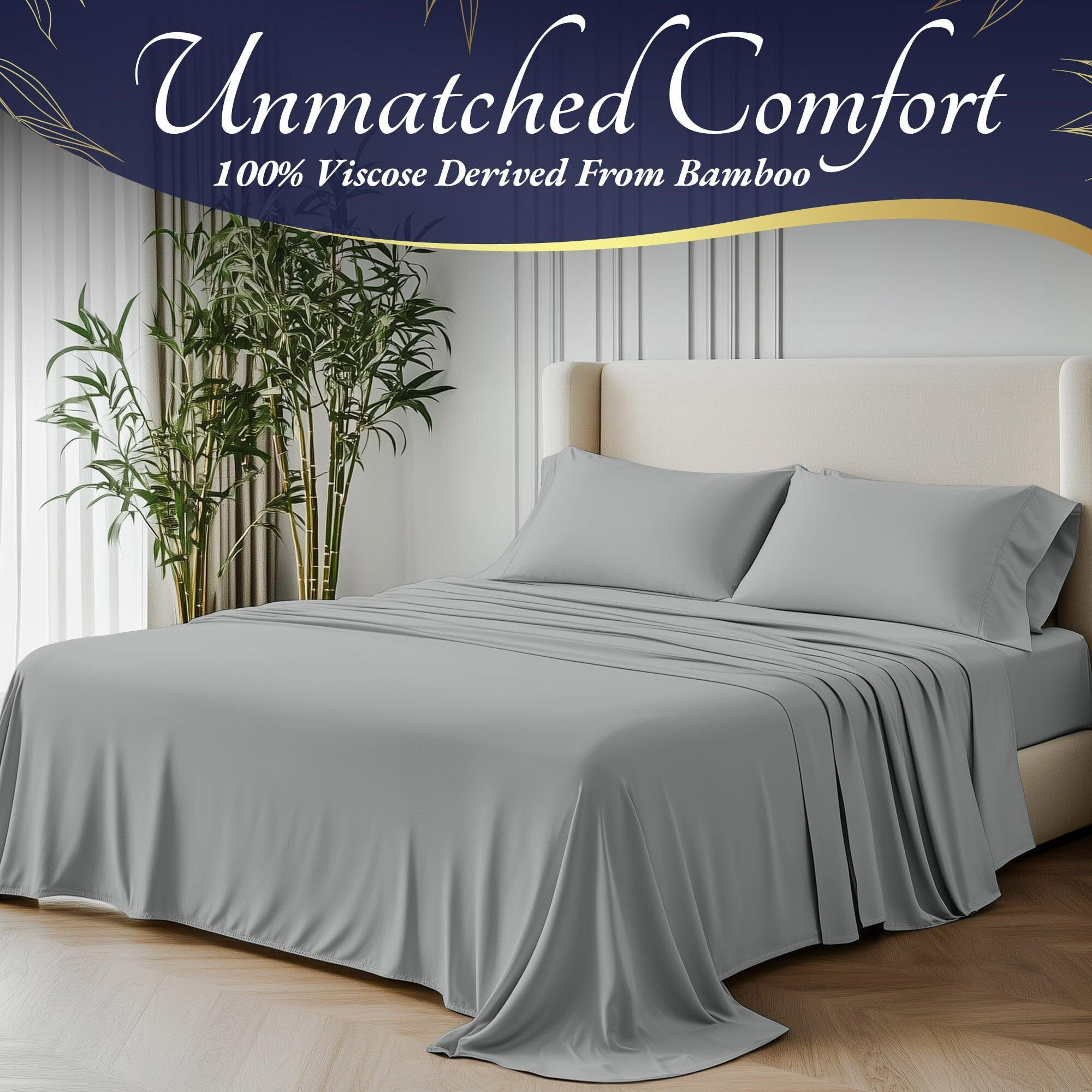 Decolure 100% Organic Viscose Derived From Bamboo Sheets Full Size 4Pcs - Ultra Soft & Luxuriously Cooling  17 "" Deep Pocket  Double Stitching  Perfect For Hot Sleepers - Full Bed Sheets (Light Grey)