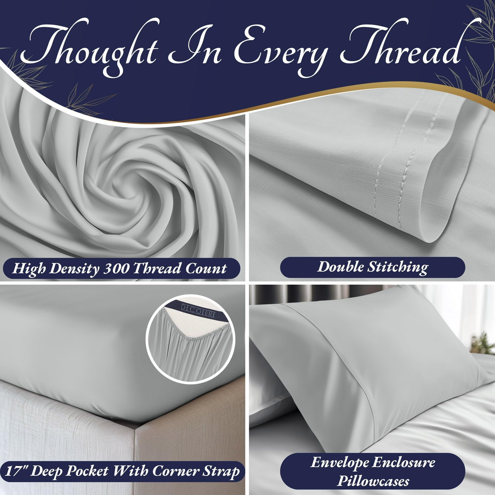 Decolure 100% Organic Viscose Derived From Bamboo Sheets Full Size 4Pcs - Ultra Soft & Luxuriously Cooling  17 "" Deep Pocket  Double Stitching  Perfect For Hot Sleepers - Full Bed Sheets (Light Grey)