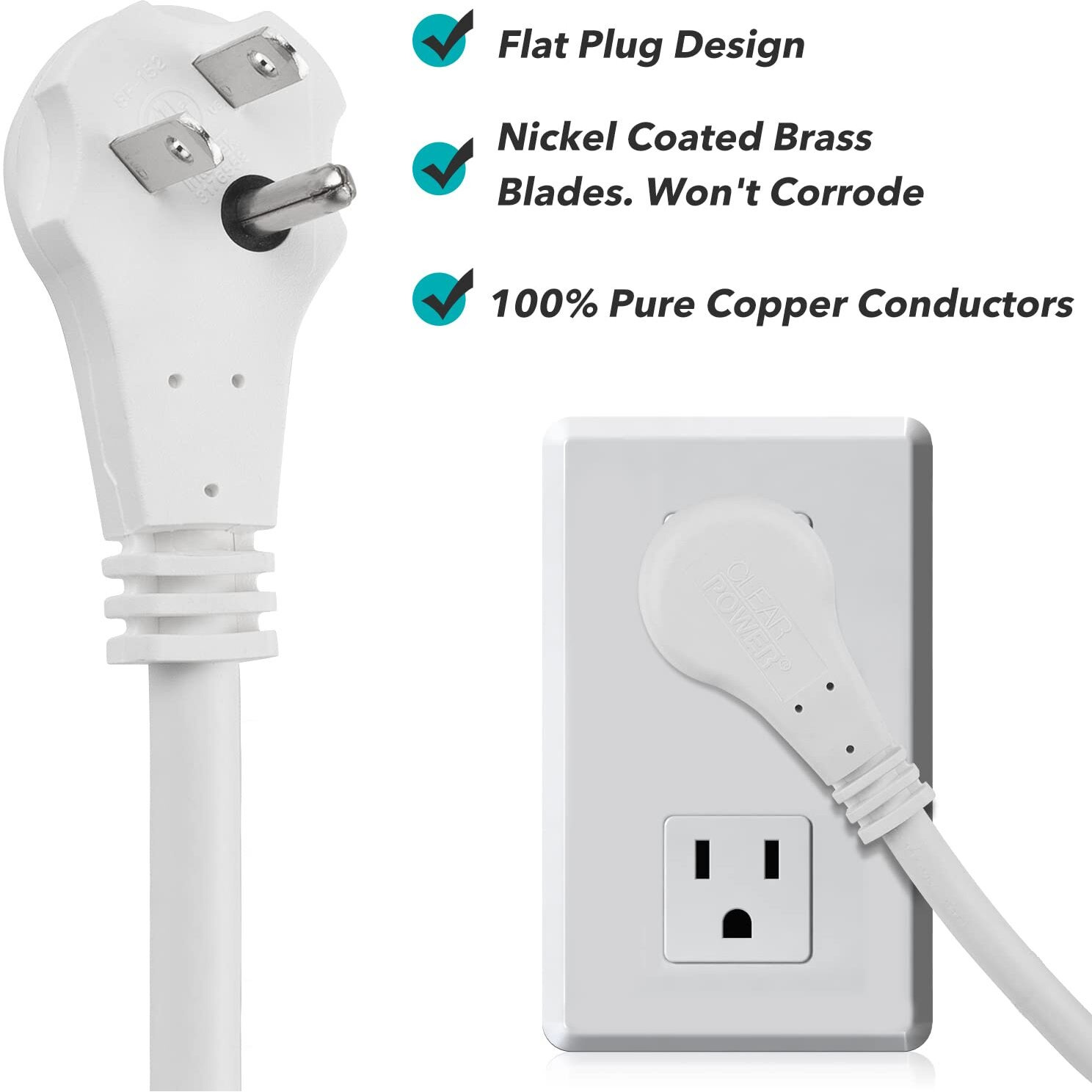 Clear Power 6 Ft 3 Outlet Heavy Duty Flat Plug Extension Cord 14/3 Sjt For Small Tools  Appliance And Office Equipment  White  3 Prong Grounded  Dcic-0046-Dc