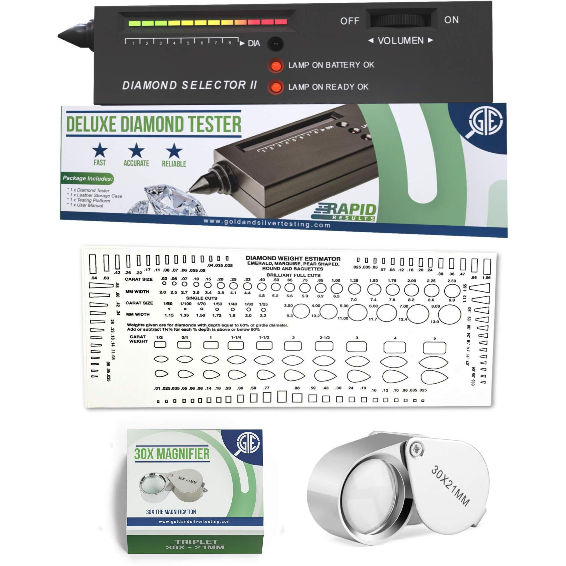 Gold Silver Platinum Diamond Jewelry Tester Appraisal Kit 10K 14K 18K 22K 24K Electronic Scale Test 30X Eye Loupe Magnifier Precious Metals 999 925 Scrap