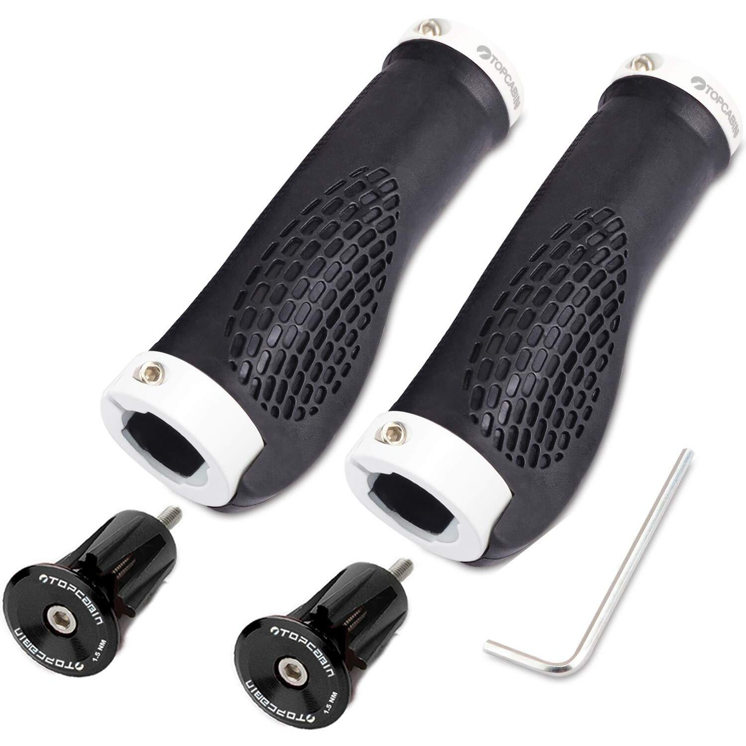 Topcabin Bike Grips Ergonomic Design Bicycle Grips Widen Holding Rubber Bike Handlebar Grips With Aluminum Lockgrips For Bike Mountain Road Mtb ((Aluminum Lock Plug+Grips) White 1 Pair)