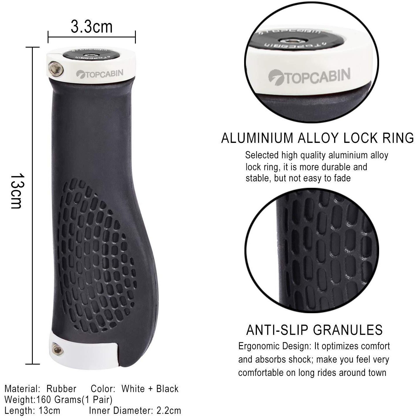 Topcabin Bike Grips Ergonomic Design Bicycle Grips Widen Holding Rubber Bike Handlebar Grips With Aluminum Lockgrips For Bike Mountain Road Mtb ((Aluminum Lock Plug+Grips) White 1 Pair)