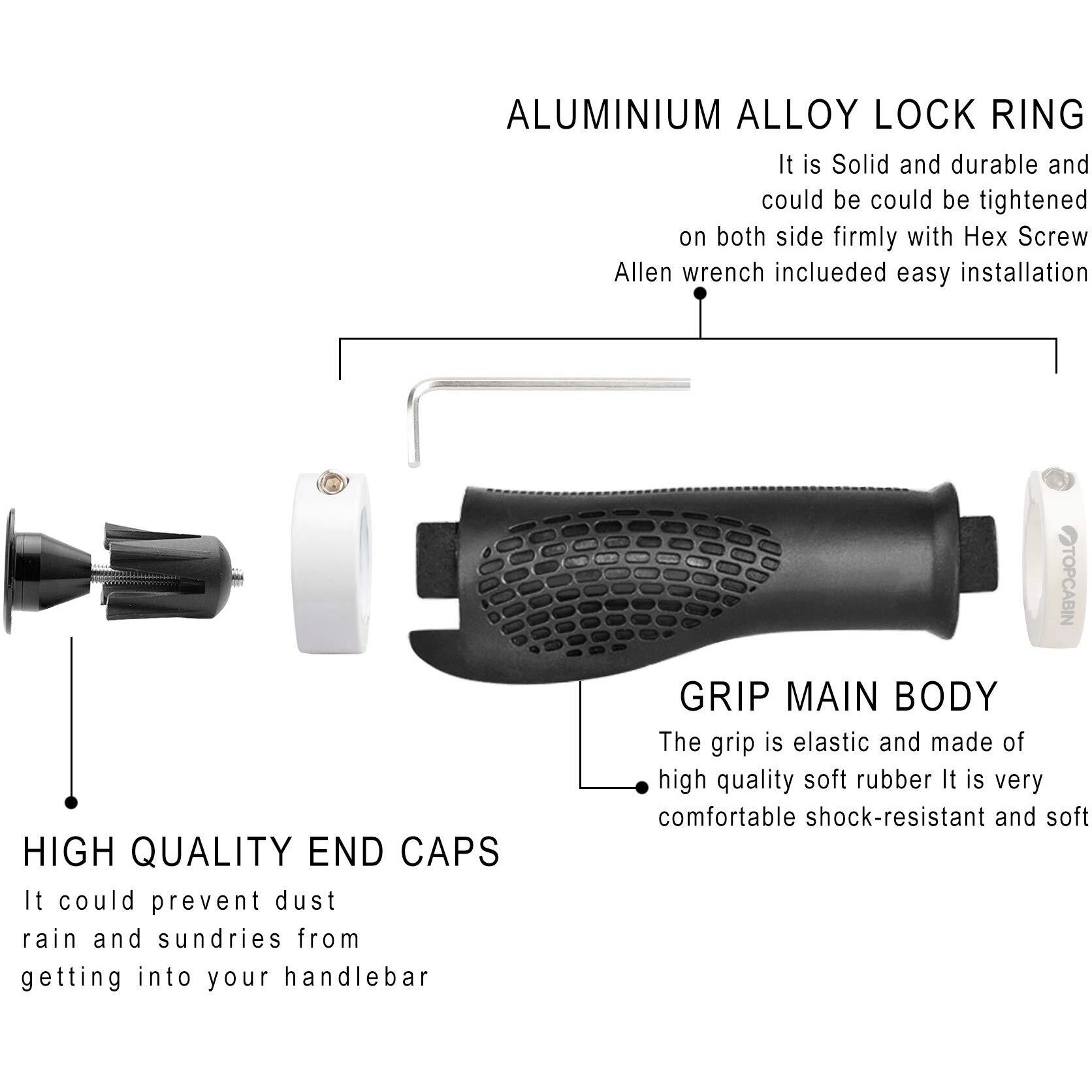 Topcabin Bike Grips Ergonomic Design Bicycle Grips Widen Holding Rubber Bike Handlebar Grips With Aluminum Lockgrips For Bike Mountain Road Mtb ((Aluminum Lock Plug+Grips) White 1 Pair)