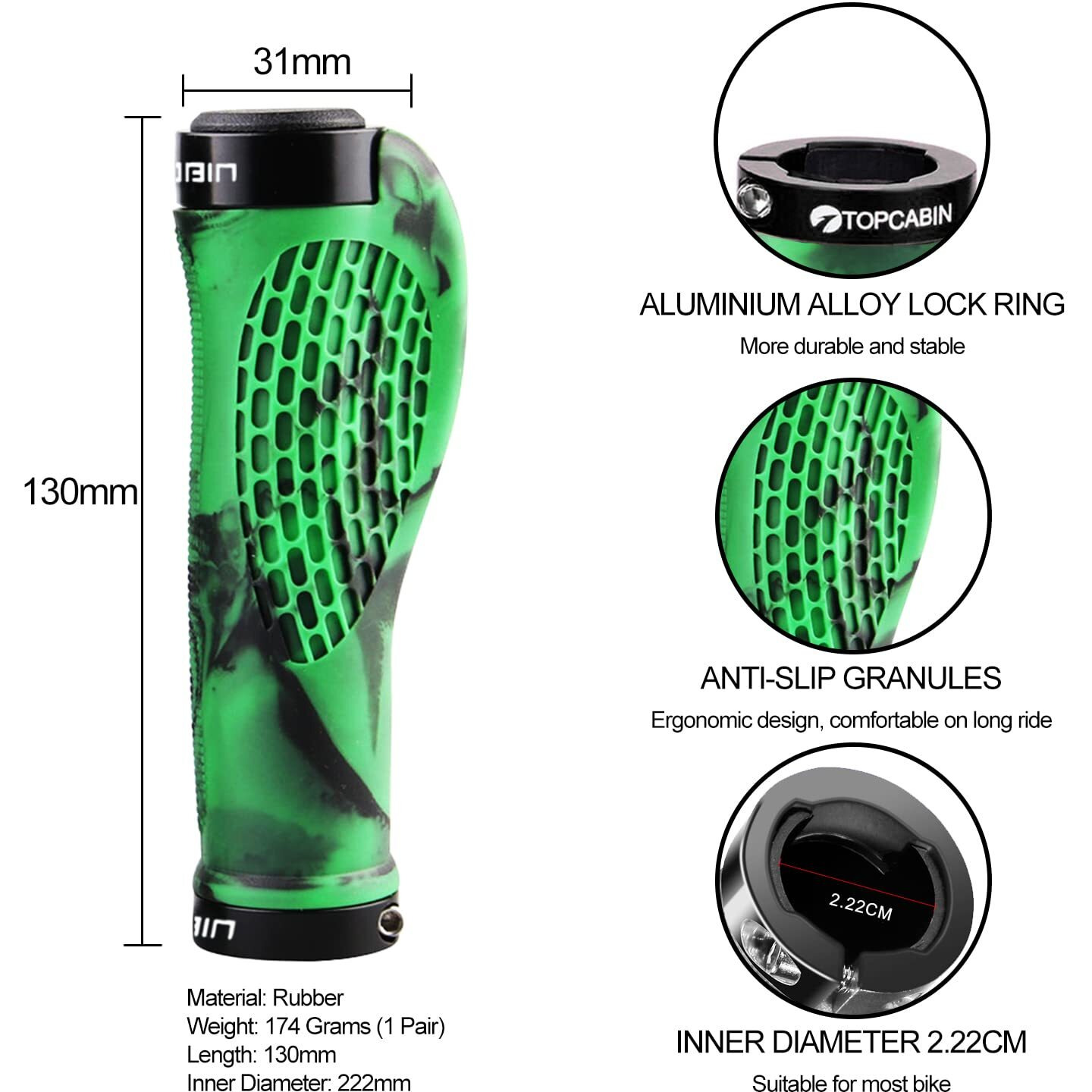 Topcabin Bike Grips Ergonomic Design Bicycle Grips Widen Holding Rubber Bike Handlebar Grips With Aluminum Lockgrips For Bike Mountain Road Mtb (Rubber Green (1 Pair))