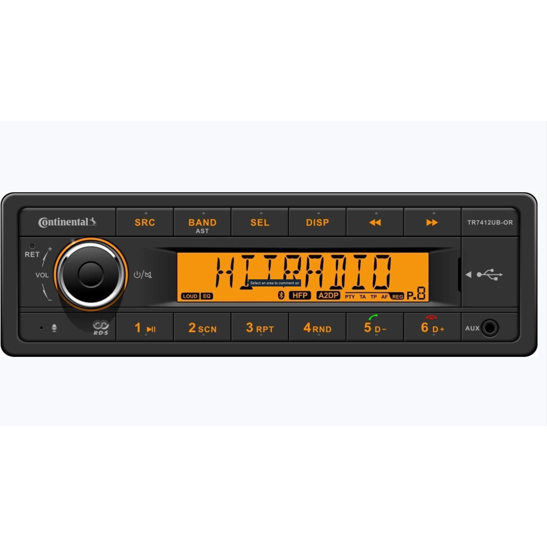 Vdo Continental Tr7412Ub-Or European Style 12V Radio Orange Display Bluetooth