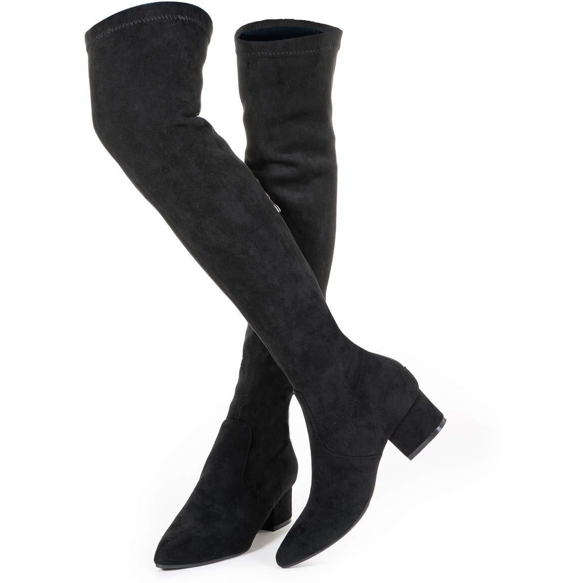 Mtzyoa Thigh High Block Heel Boot Women Pointed Toe Stretch Over The Knee Boots Low Heel Otk Boots For Women (8 B(M) Us  Black 2 In)