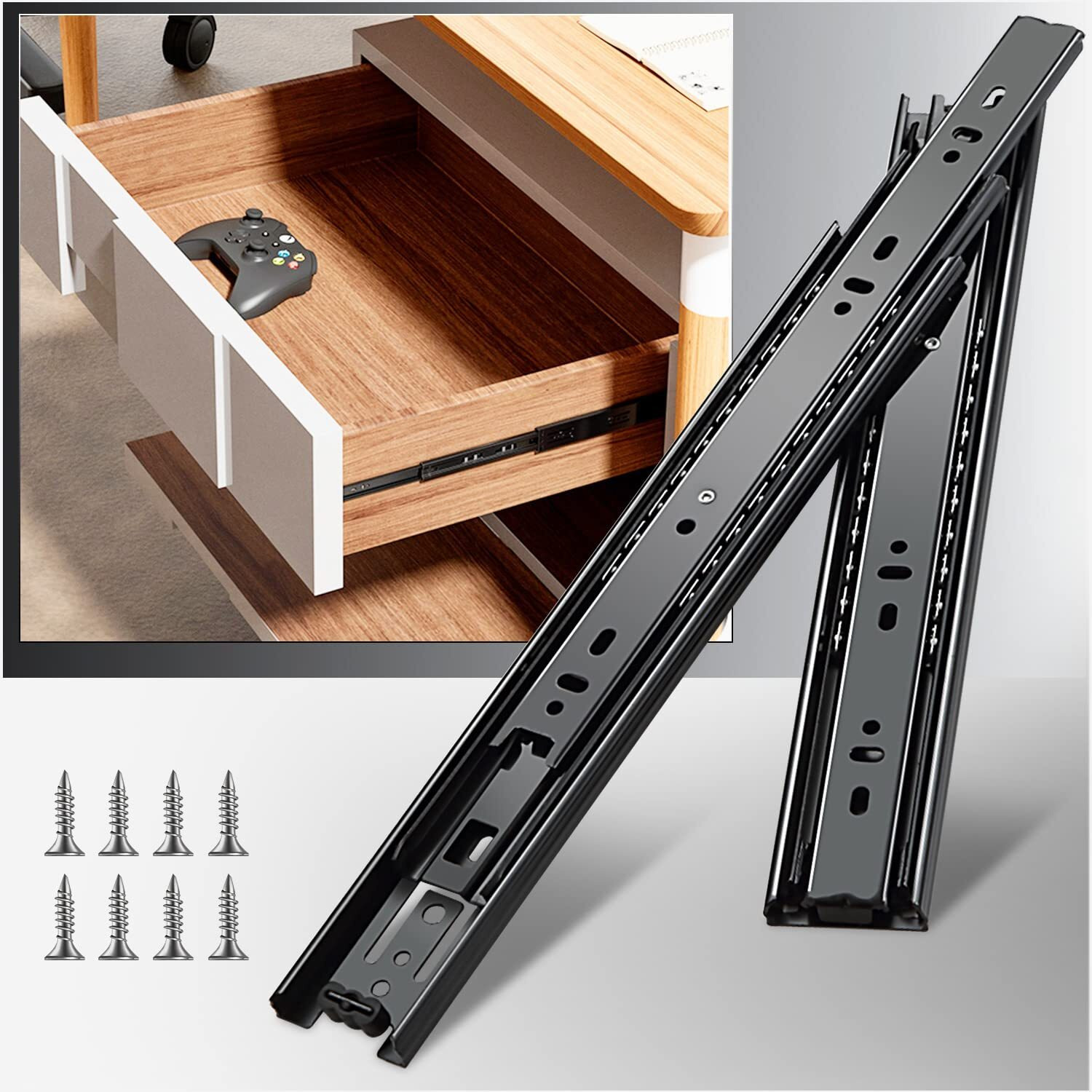 Yenuo Full Extension Drawer Slides Side Mount 10 12 14 16 18 20 22 24 Inch Ball Bearing Metal Black Rails Track Guide Glides Runners Heavy Duty 100 Pound Load Capacity 1 5 Pairs (1 Pair 18 Inch)