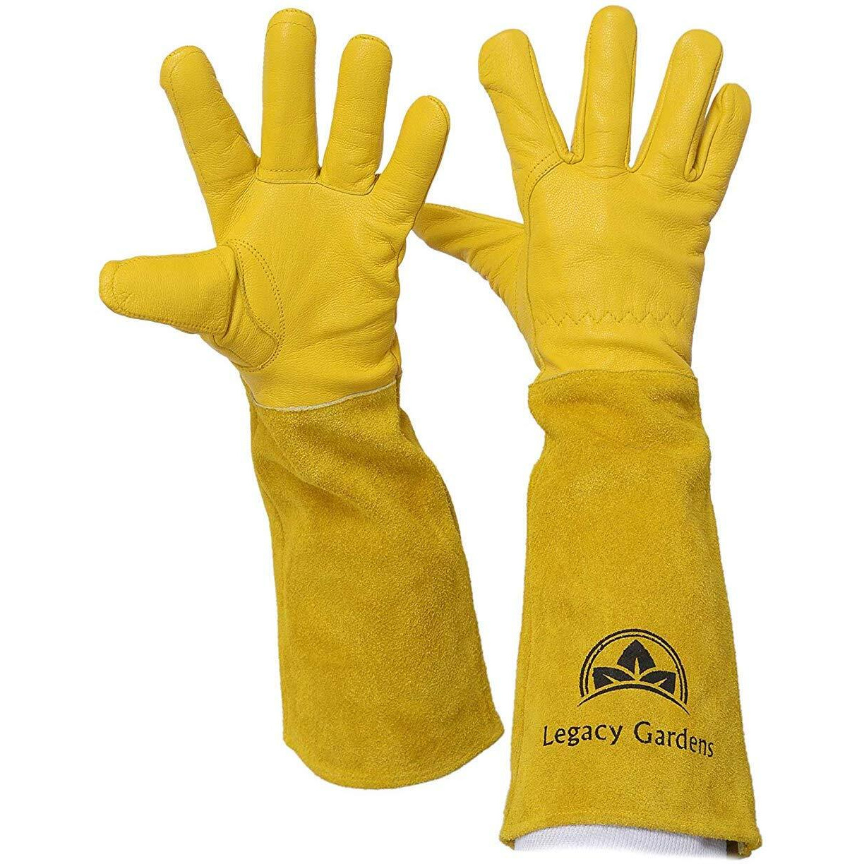 Legacy Gardens Rose Pruning Gardening Leather Gloves With Long Leather Forearm (Medium  Yellow)