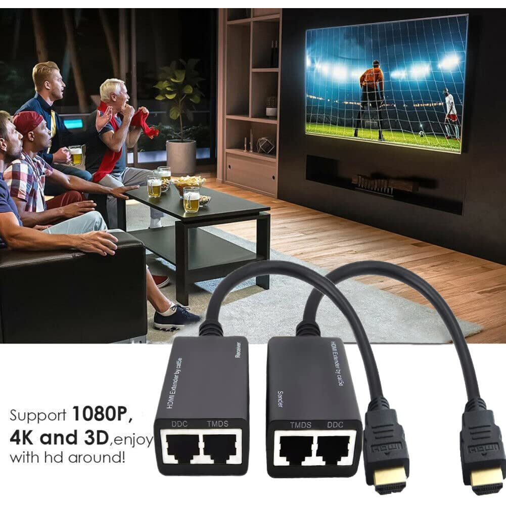 Hdmi Extender Over Cat5E/6  Rj45 Ethernet Splitter To Hdmi 2 Ports Network Adapter 2 Pack  Support 1080P Up To 30M/98Ft Video And Audio For Hdtv Hdpc Ps4 Stb