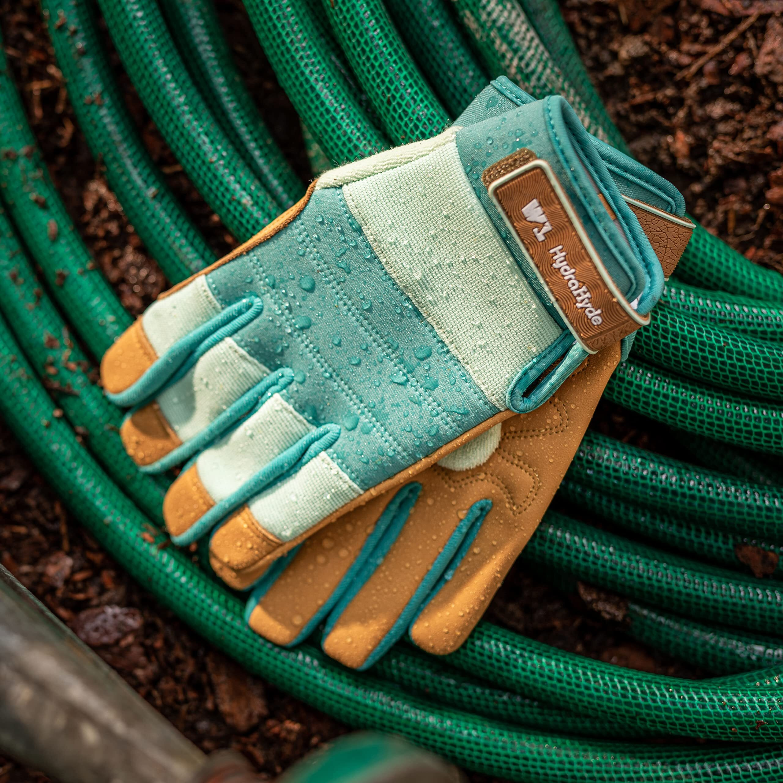 Women's Hydrahyde Water-Resistant Leather Palm Hybrid Work Gardening Gloves Blue Large (Wells Lamont 3250)