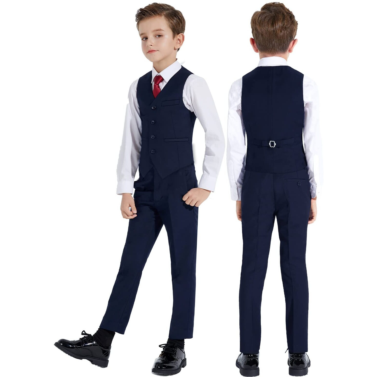 Plavict Boys' Suits Slim Fit 5 Piece  Adjustable Waist  Boys Formal Set Darkblue