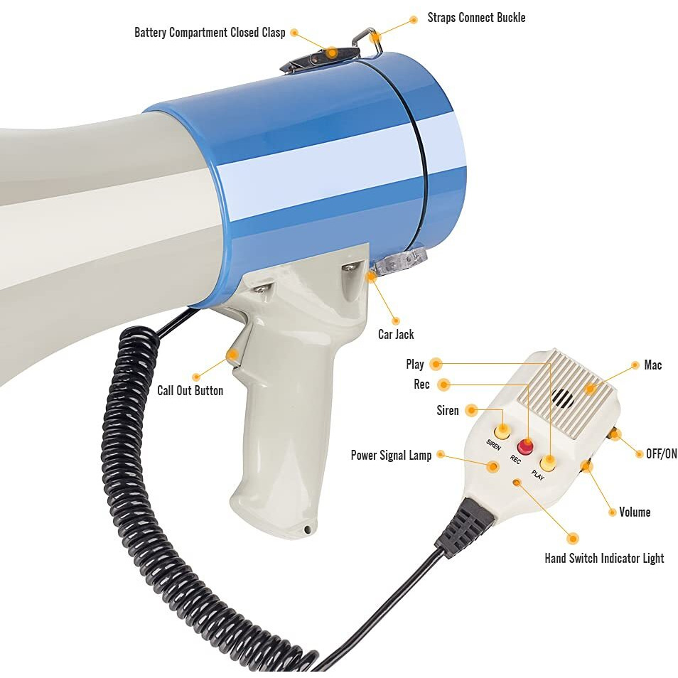 Mymealivos 50 Watt Megaphone Bullhorn Speaker With Siren  240S Recording  Detachable Microphone & Strap