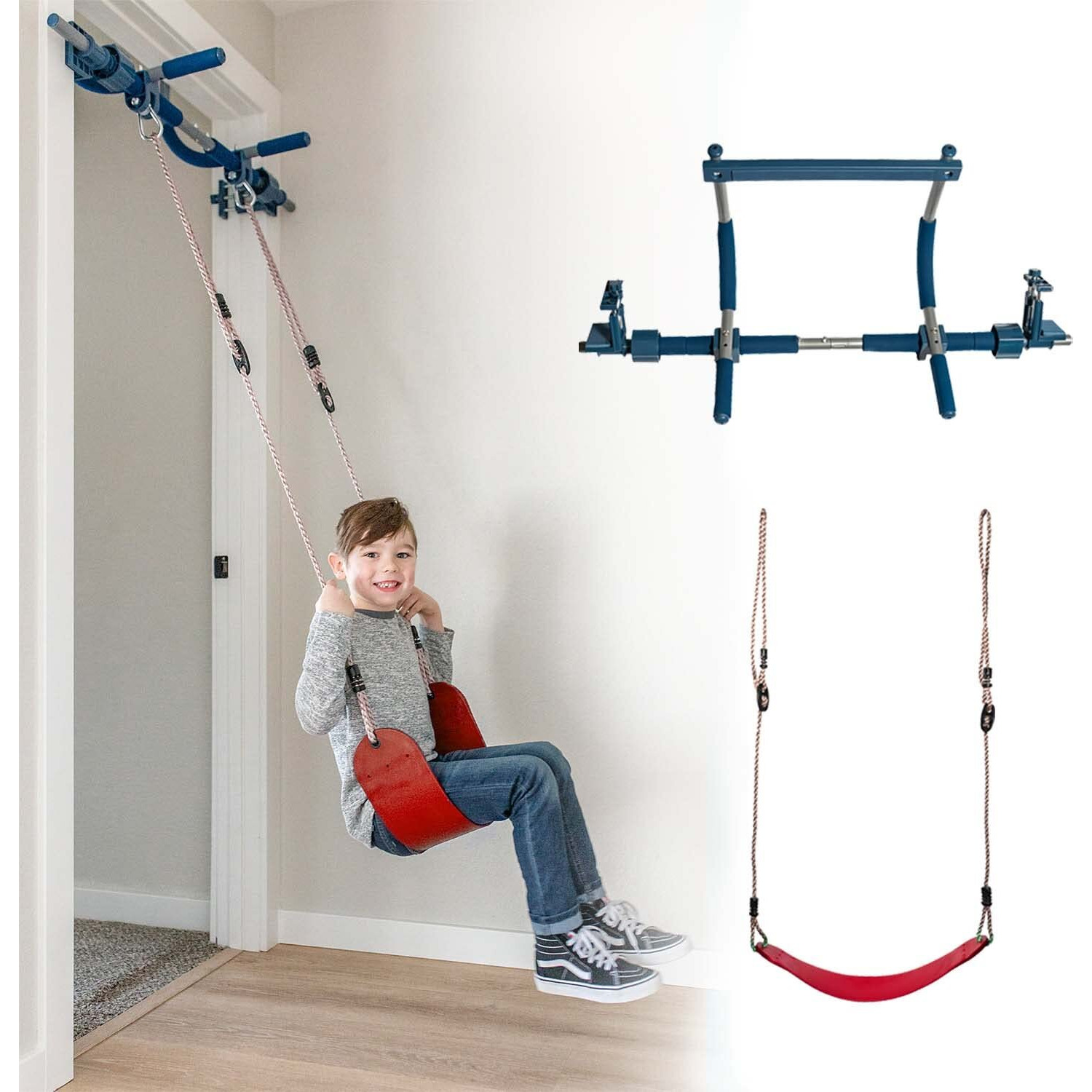 Gym 1 Deluxe Doorway Swing Set - All-In-One Indoor Gym And Playground For Kids And Adults - Two Attachments For Fun And Fitness Indoors Pull-Up Bar And Plastic Swing - Color Red