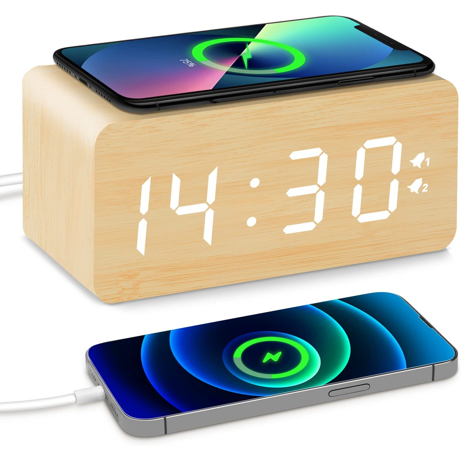 Urayco Wooden Digital Alarm Clock  10W Fast Wireless Charger Station & Usb Charging Port  With Stepless Dimmer  Dual Alarm  Weekday/Weekend Mode  Wood Led Clock For Bedroom  Desk  Office