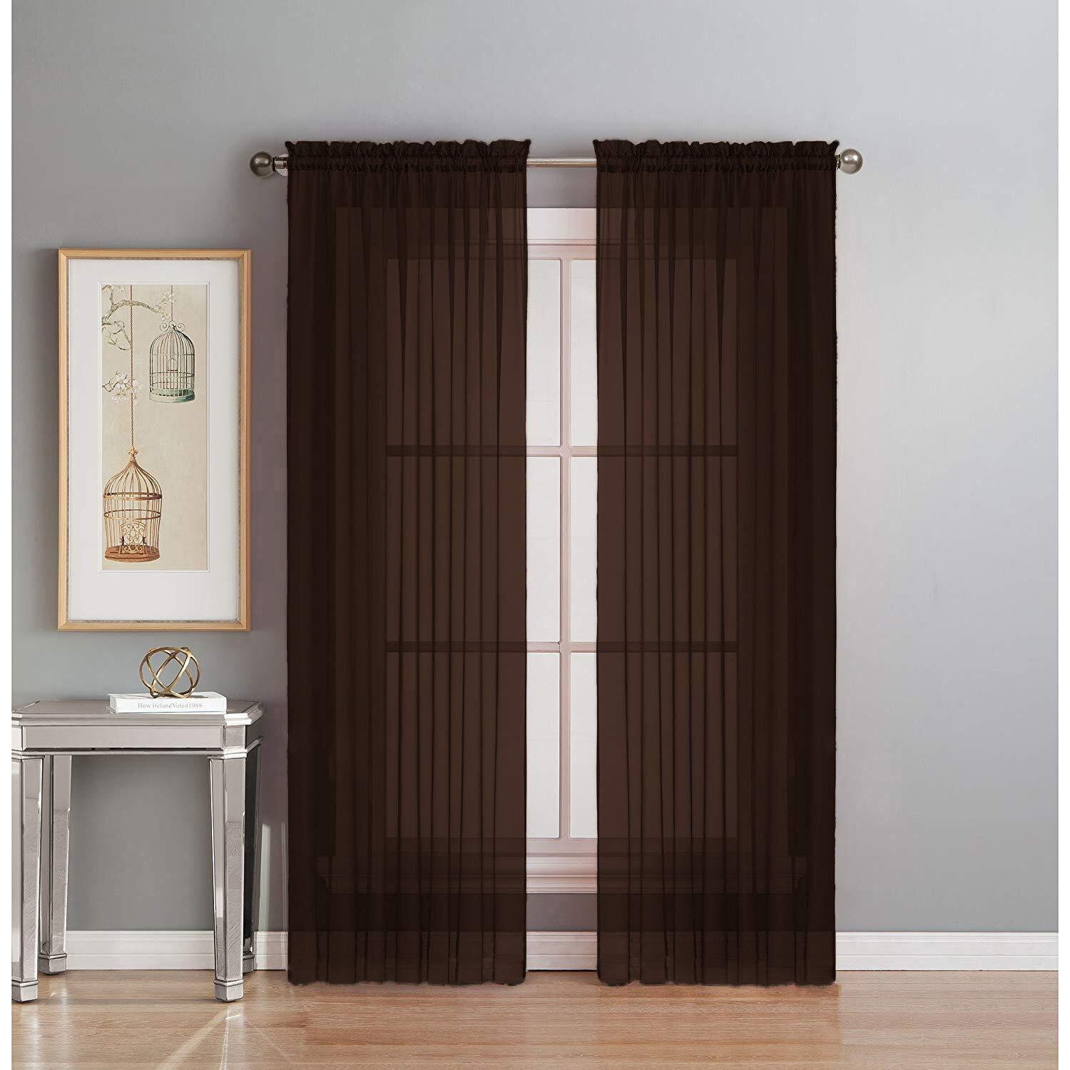 Interior Trends 2 Piece Fully Stitched Sheer Voile Window Panel Curtain Drape Set (95"" Long  Chocolate)