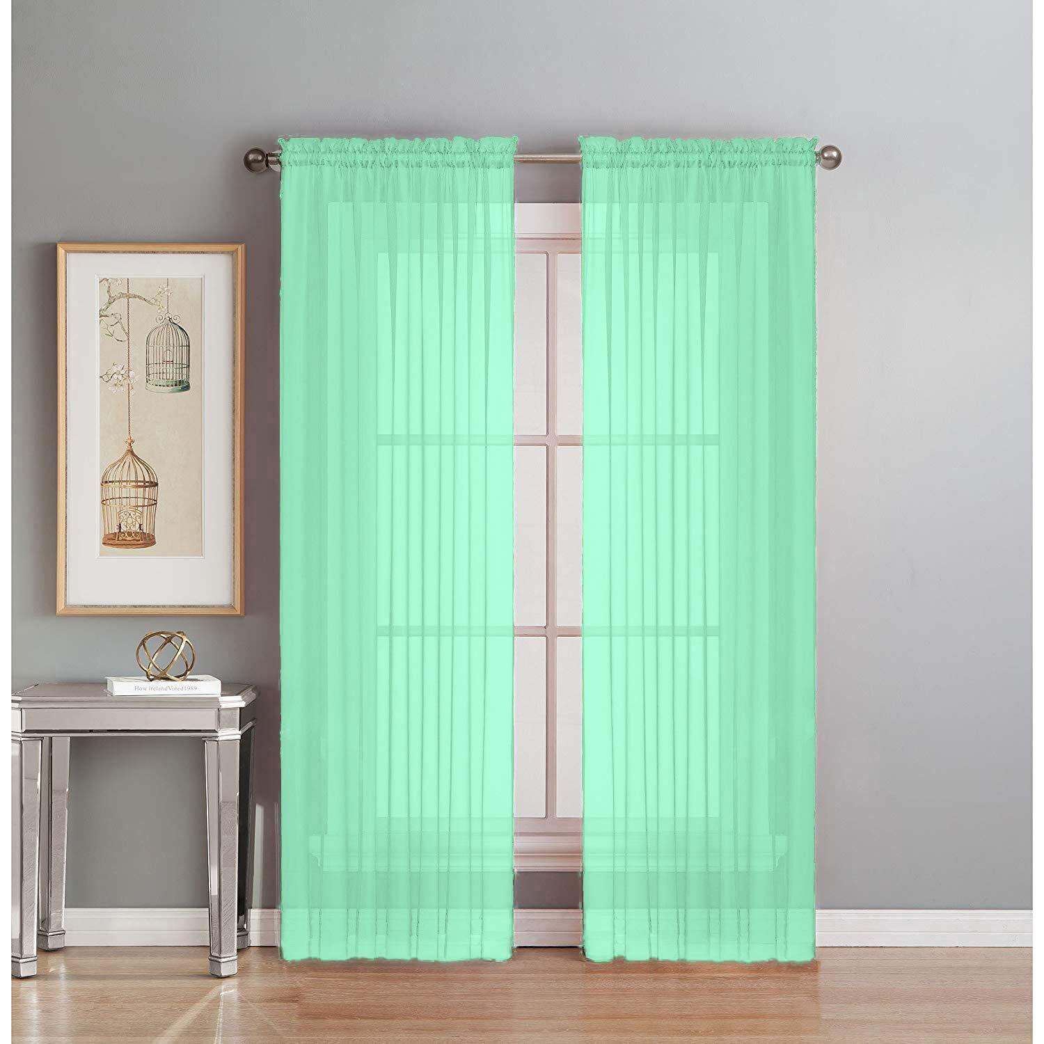 Interior Trends 2 Piece Fully Stitched Sheer Voile Window Panel Curtain Drape Set (63"" Long  Mint)