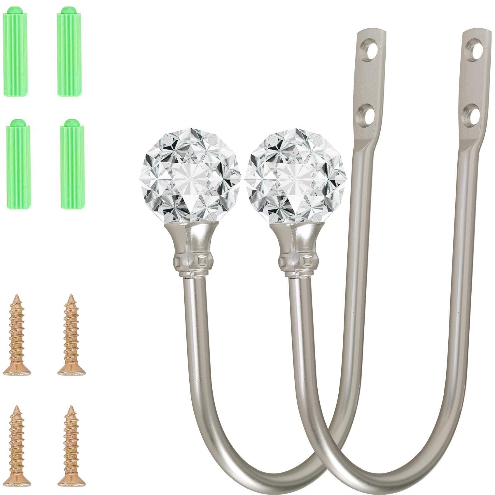 Curtain Holdback  2Pcs Wall Mounted Drapery Tiebacks With Clear Crystal Ball  Heavy Duty Metal Decorative Window Drapery Curtain Holder Curtain Hooks With Screws  Sliver