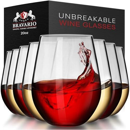 Bravario Unbreakable Stemless Plastic Wine Glasses | Reusable | Shatterproof 100% Tritan Plastic | Dishwasher-Safe | Bpa-Free | Awesome For Indoor & Outdoor | 20 Oz  Set Of 8