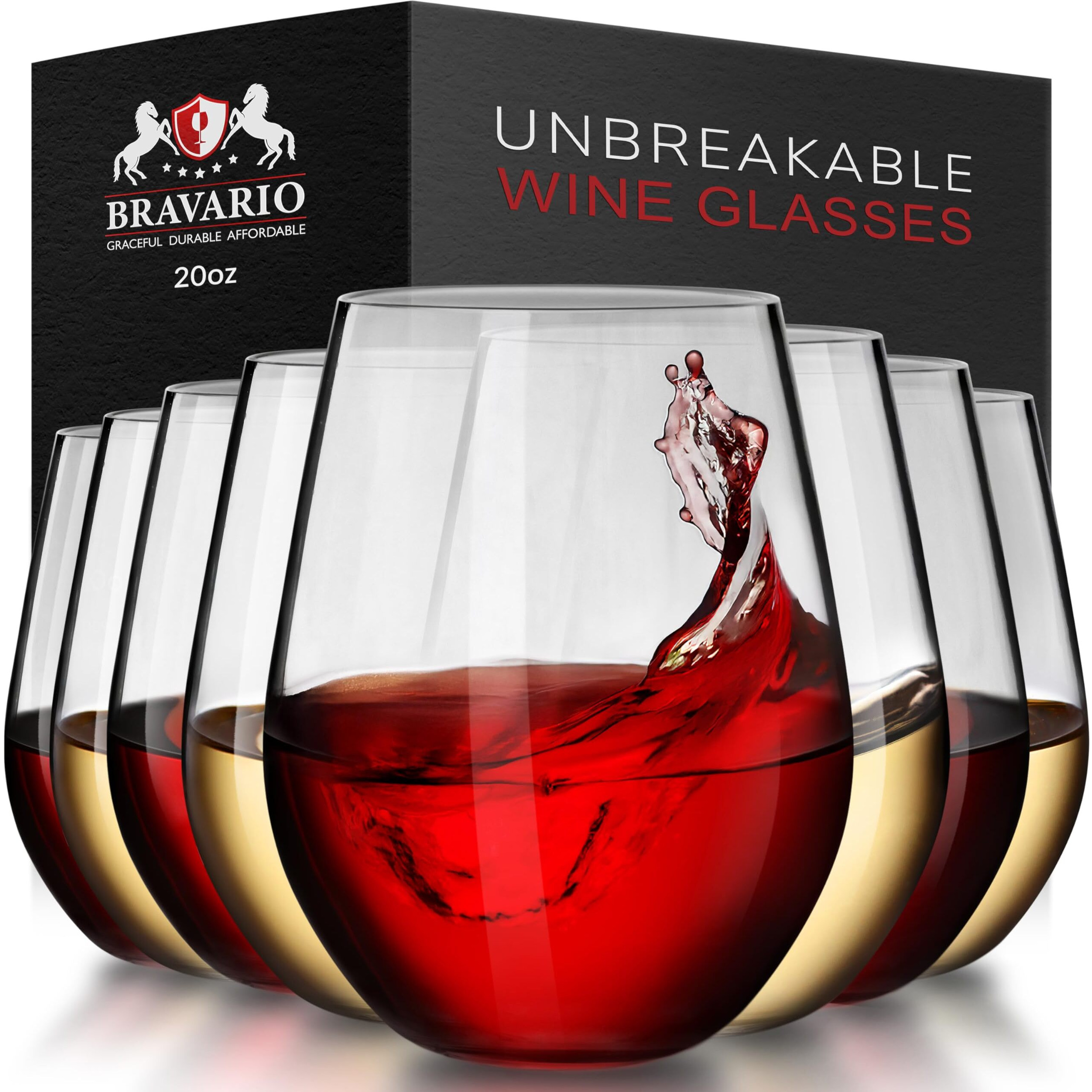 Bravario Unbreakable Stemless Plastic Wine Glasses | Reusable | Shatterproof 100% Tritan Plastic | Dishwasher-Safe | Bpa-Free | Awesome For Indoor & Outdoor | 20 Oz  Set Of 8