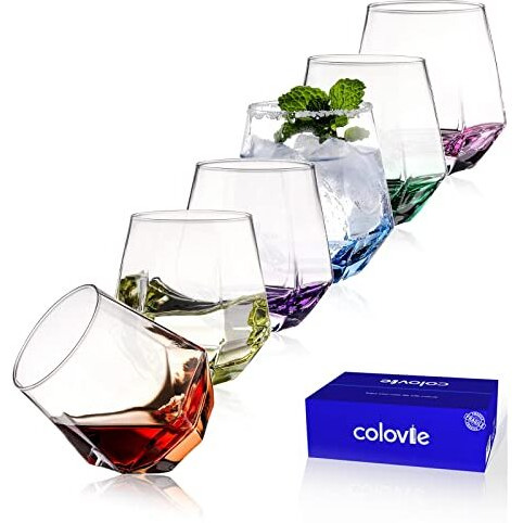 Colovie Stemless Wine Glasses Set Of 6  Cocktail Glasses  Diamond Shaped Wine Glasses For White Or Red Wine  Unique Colorful Drinking Glasses 10 Oz Easy Hold  Cute  Dishwasher Safe