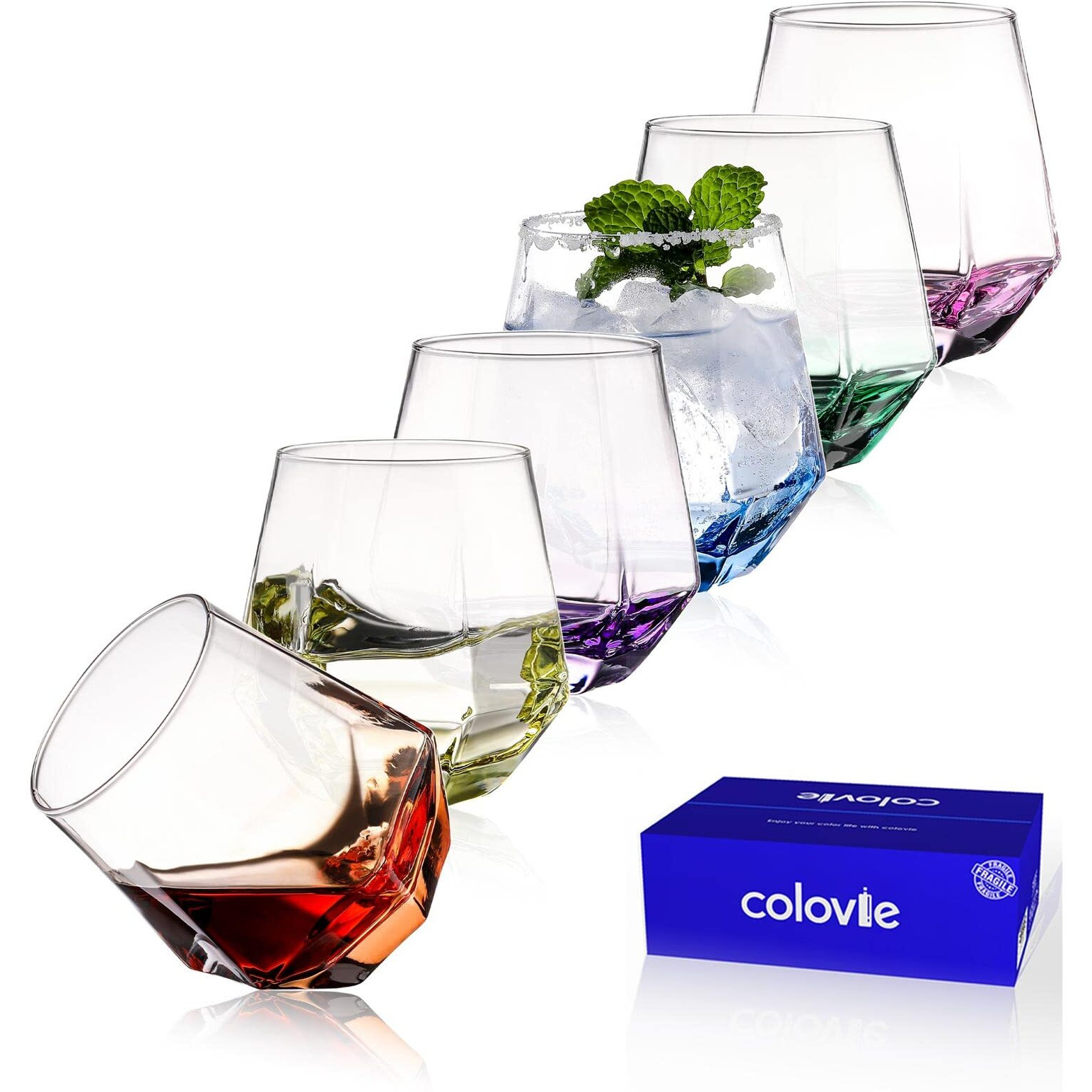 Colovie Stemless Wine Glasses Set Of 6  Cocktail Glasses  Diamond Shaped Wine Glasses For White Or Red Wine  Unique Colorful Drinking Glasses 10 Oz Easy Hold  Cute  Dishwasher Safe