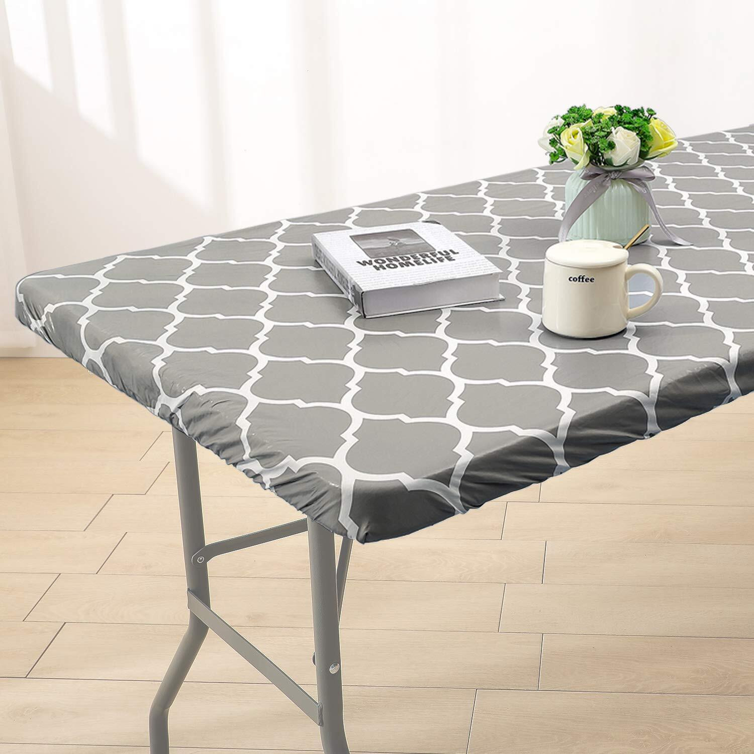 Vinyl Fitted Tablecloth For 6 Ft Rectangle Table  Gray Moroccan Design  Waterproof Elastic Table Cover With Flannel Backed Lining  Fits 30"&quotX72"" Folding Table  For Outdoor Picnics/Travel/Holiday/Party