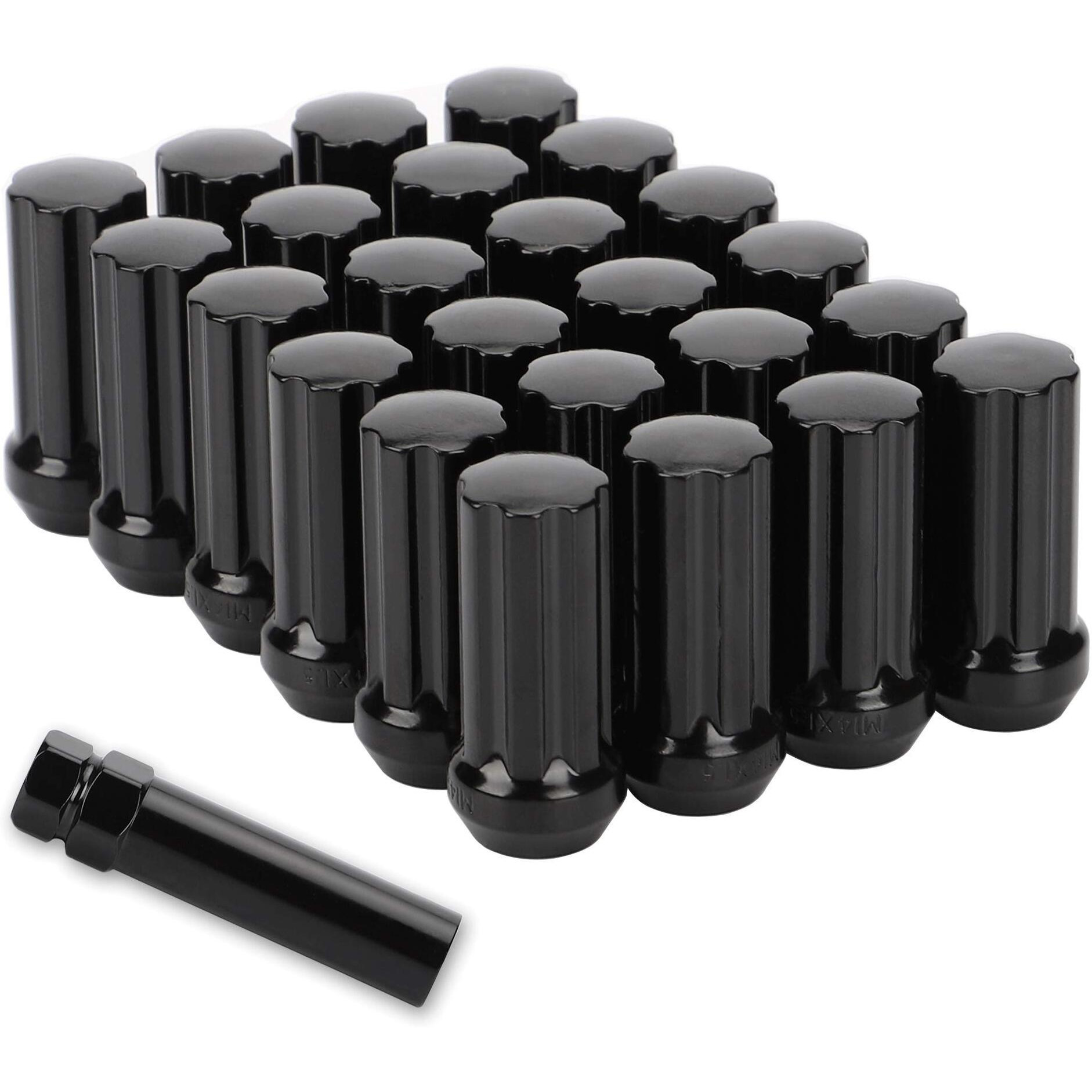 14Mmx1.5 Wheel Lug Nuts  24 Pcs Black M14X1.5 Lug Nut Closed End Long Extended Xl Spline With 1 Socket Key For Chevy Gmc 6 Lug Aftermarket Wheels
