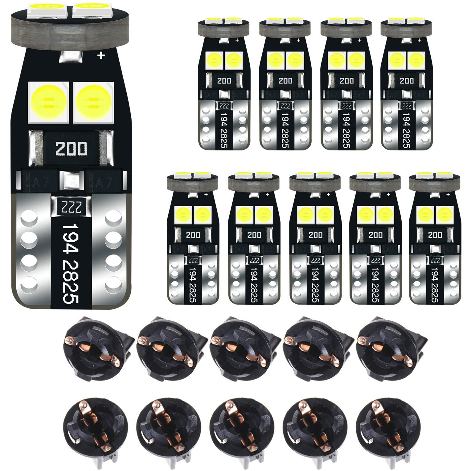 Dodofun 12V White T10 W5W 158 168 194 2825 Instrument Cluster Light Led Bulb Replacement For Dashboard Dash Panel Gauge Indicator Lamp With Socket Cross Pc168 Pc175 Pc194 Pc195 Pc160 Pc161 Pc195Na