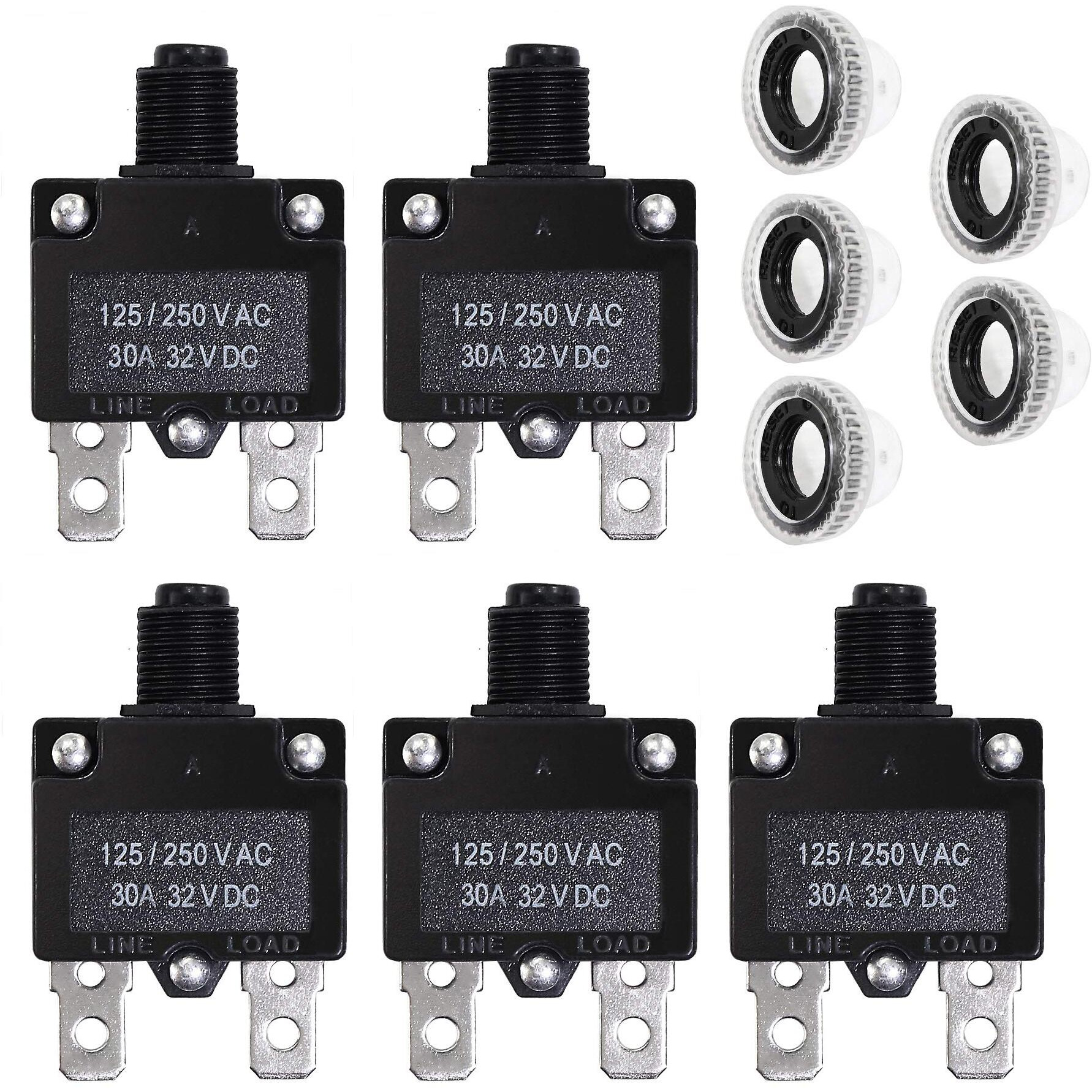 Fuzbaxy 5Pcs 30Amp Circuit Breakers With Manual Reset 32Vdc Ac125-250V With Quick Connect Terminals